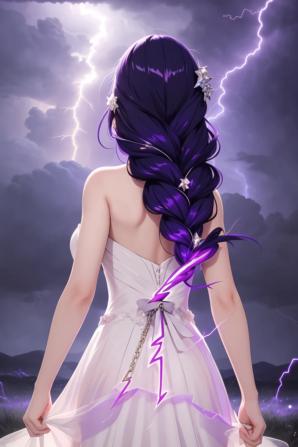 masterpiece,1girl,long hair,braid,purple eyes,bangs,purple hair,(wedding_dress:1.2),looking at viewer,hair ornament,from behind,standing,<lora:lbc_yayi0427:0.7>,(detailed light), ((lightning in hand)),lightning surrounds,(((lightning chain))),