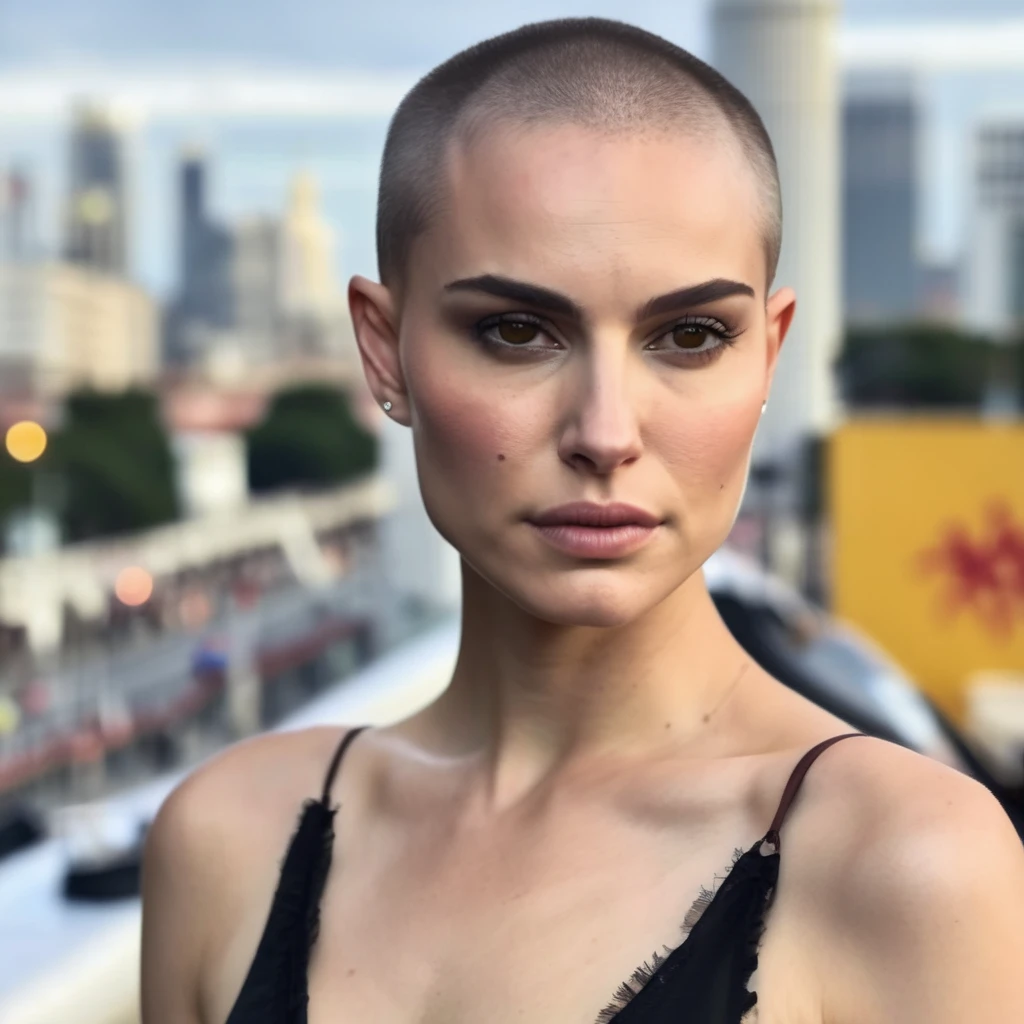 Buzzcut, no hair, bald, (Skin Texture, pores, natural,iPhone,RAW)), natural lighting, Highest Quality closeup Portrait photo of a woman wearing no makeup with a ((buzzcut)), Nikon Z9, realistic matte skin, blurry city in the background, 8K, (natxportman), <lora:natportman_gpt4_juggernautX_2_wocap-merger_21_65_83_04_02_04-natxportman:1.1>