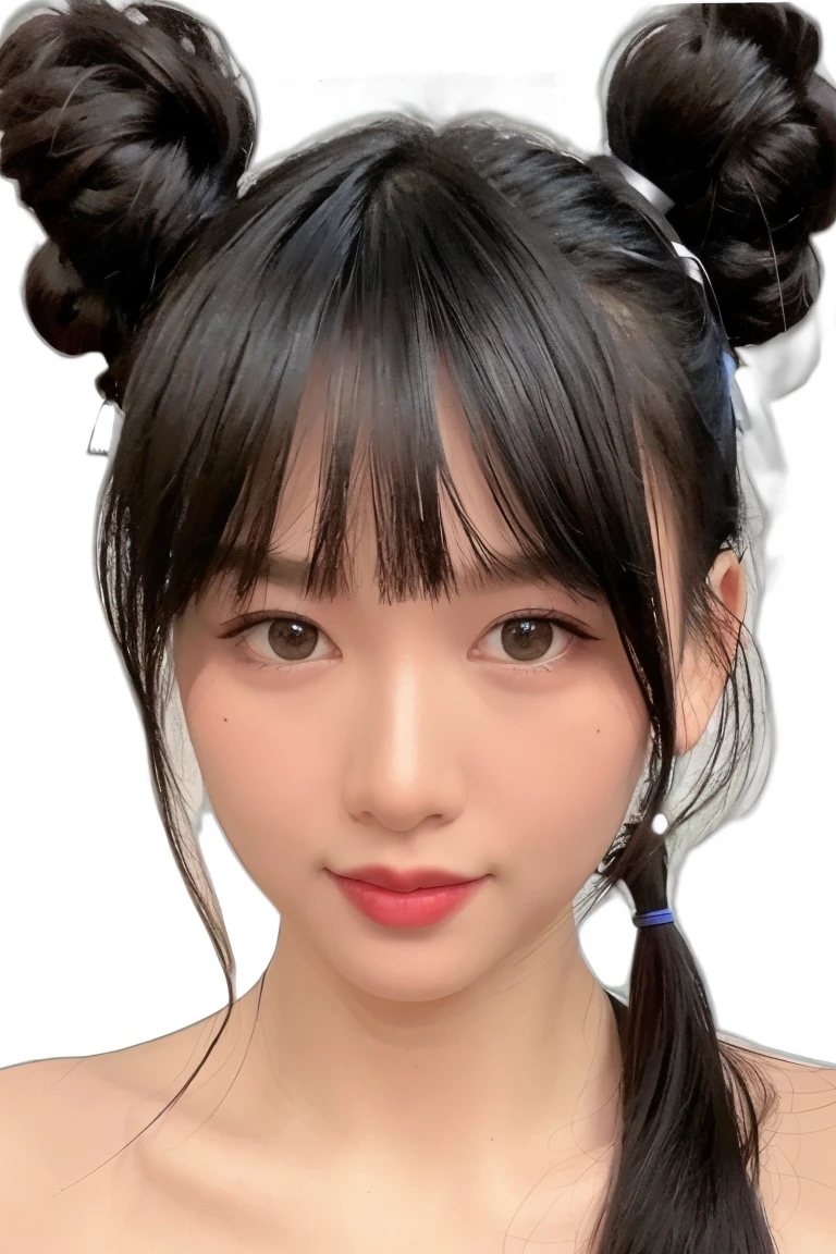 highest quality, realistic, 8K, High resolution, 1 girl, woman, (skin dents), (portrait:0.6), nice, ((white background, Completely naked, small breasts:1.65)), (black hair, twin tails:1.4), looking at the viewer, (1 girl eyes looking at the viewer:1.6), realistic, (Bokeh), (closed mouth, smile:1.3), nice, Pueros face_V1:1,