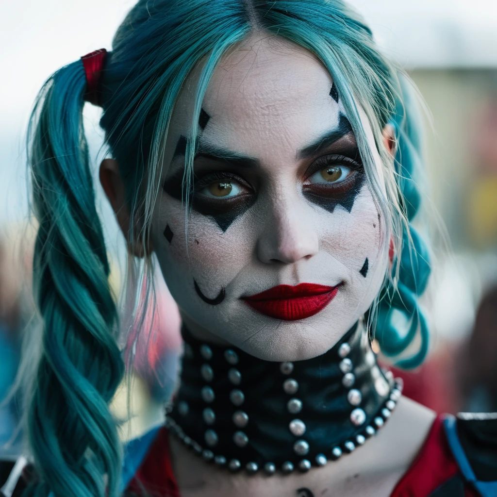 High res closeup portrait photo of an actress dressed as Harley Quinn, f /2.8, Canon, 85mm,cinematic, high quality, skin texture, looking at the camera, anxarmas, <lora:anarmas_juggerX_xl_3_standard-anxarmas-000096:1>