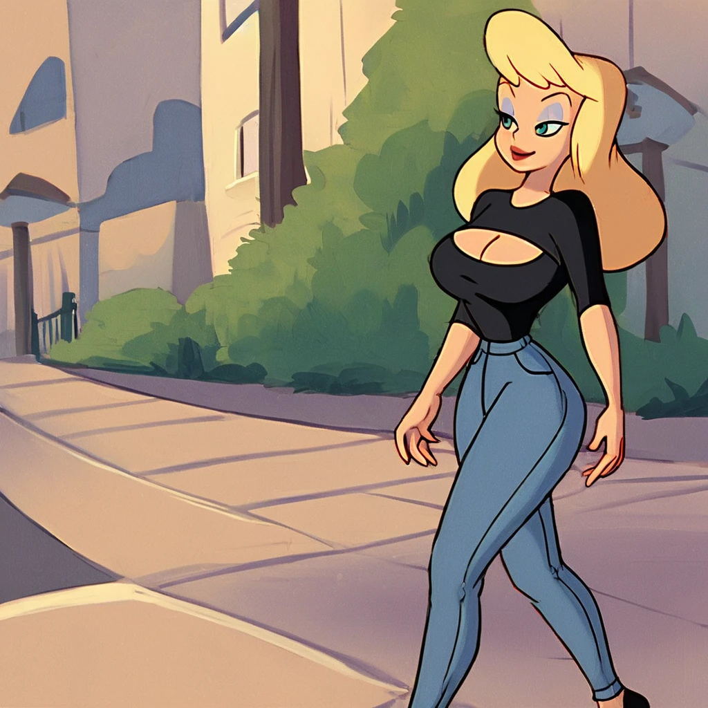 score_9, score_8_up, score_7_up, score_6_up, score_5_up, score_4_up, (Source cartoon), (rating safe),<lora:HelloNurseXL2:1>, hello nurse, 1girl, solo, walking outside, wearing jeans, black shirt, cleavage, shirt cutout, large breasts, smile, wide hips, large breasts, blonde hair, teal eyes, long hair,