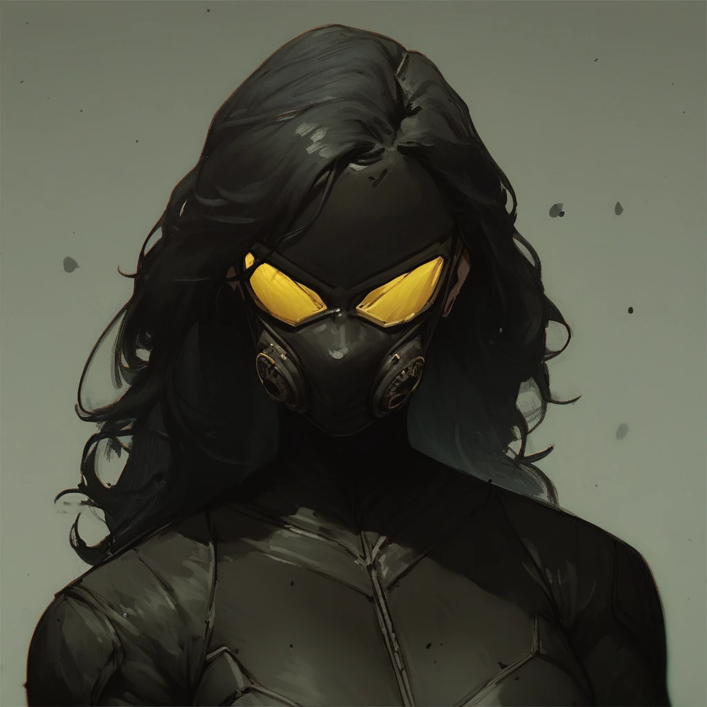 score_9, score_8_up, score_8,1 girl, solo, massive girl, tall, supervillain, skitter black bodysuit, skitter full face mask, tactical black full-face mask with yellow lenses, face focus, long black hair,