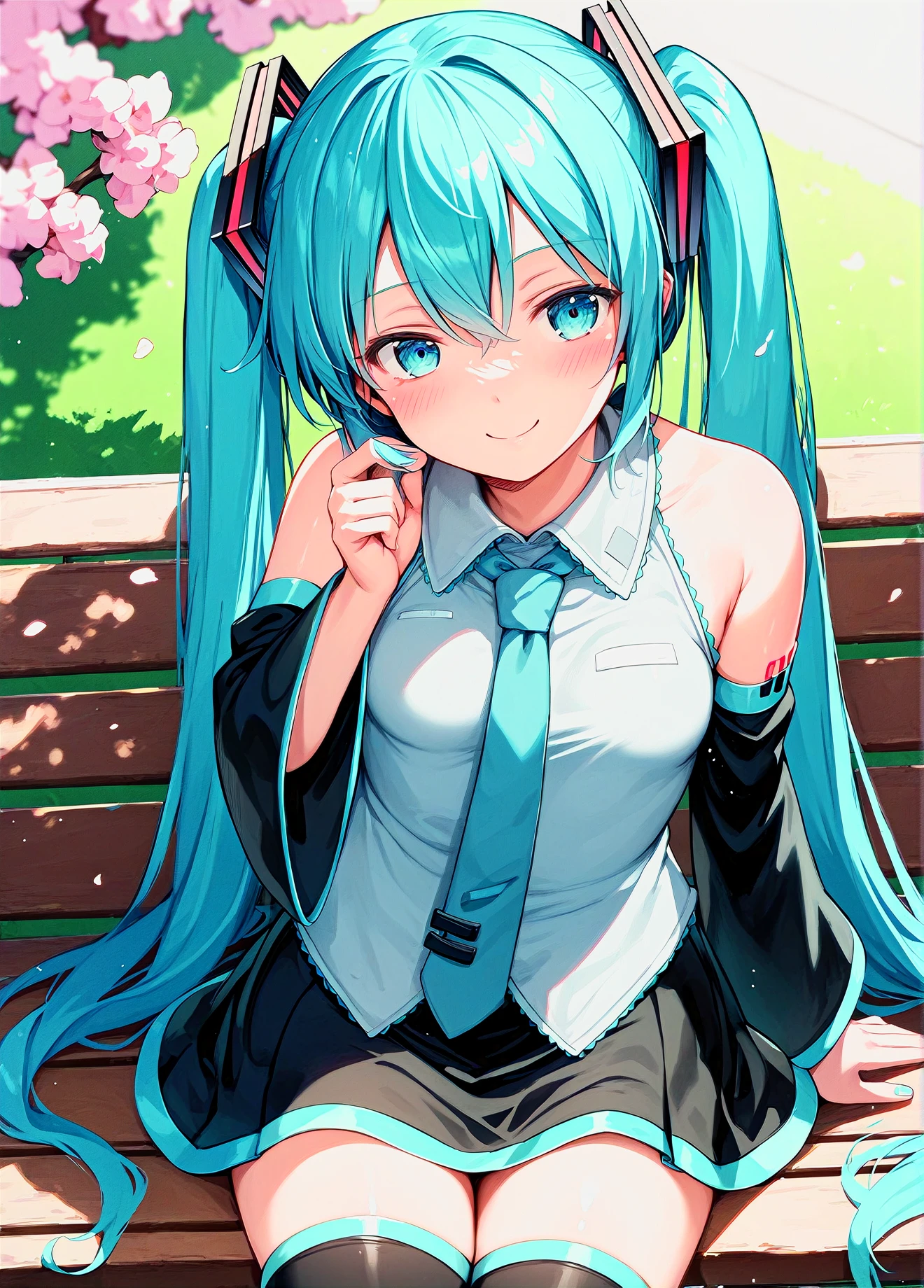 score_9, score_8_up, score_7_up, score_6_up, a girl sitting on a park bench, (hatsune miku:0.8), detached sleeves, thighhighs, black skirt, smile, blush,
<lora:noise_style_pony6_v1-000016:1>