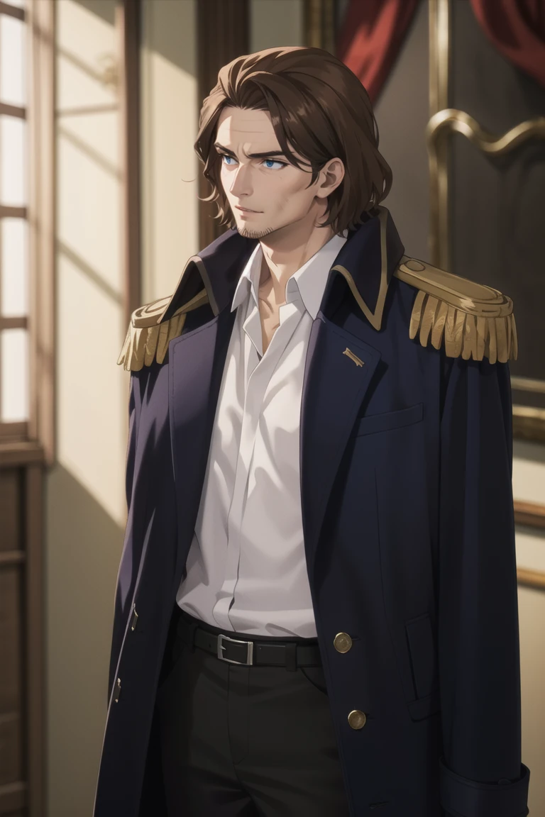 solo male, Graf Granat \(Frieren: Beyond Journey's End\), brown hair, hair parted to one side, facial hair, stubble, blue eyes, sanpaku, white collared shirt, exposed shirt, black pants, matching boots. dark blue coat, open coat, (coat over shoulders), gold epaulettes, mature, handsome, charming, alluring, standing, upper body, perfect anatomy, perfect proportions, best quality, masterpiece, high_resolution, dutch angle, cowboy shot, photo background, palace
<lora:EMS-359704-EMS:0.800000>, <lora:EMS-498-EMS:0.800000>