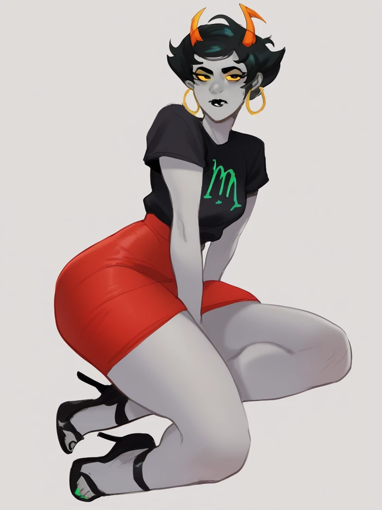 score_9,score_8_up,score_7_up,score_6_up,score_5_up,score_4_up,kanaya,horns,grey skin,short hair,black hair,black shirt,green symbol on shirt,black lipstick,yellow sclera,hoop earrings,1girl,solo,<lora:Kanaya_Homestuck-000012:0.9>,<lora:Lilandava_PDXL:1>,lilandavastyle,full body,eyes are black pupils,high heels, red skirt, curvy