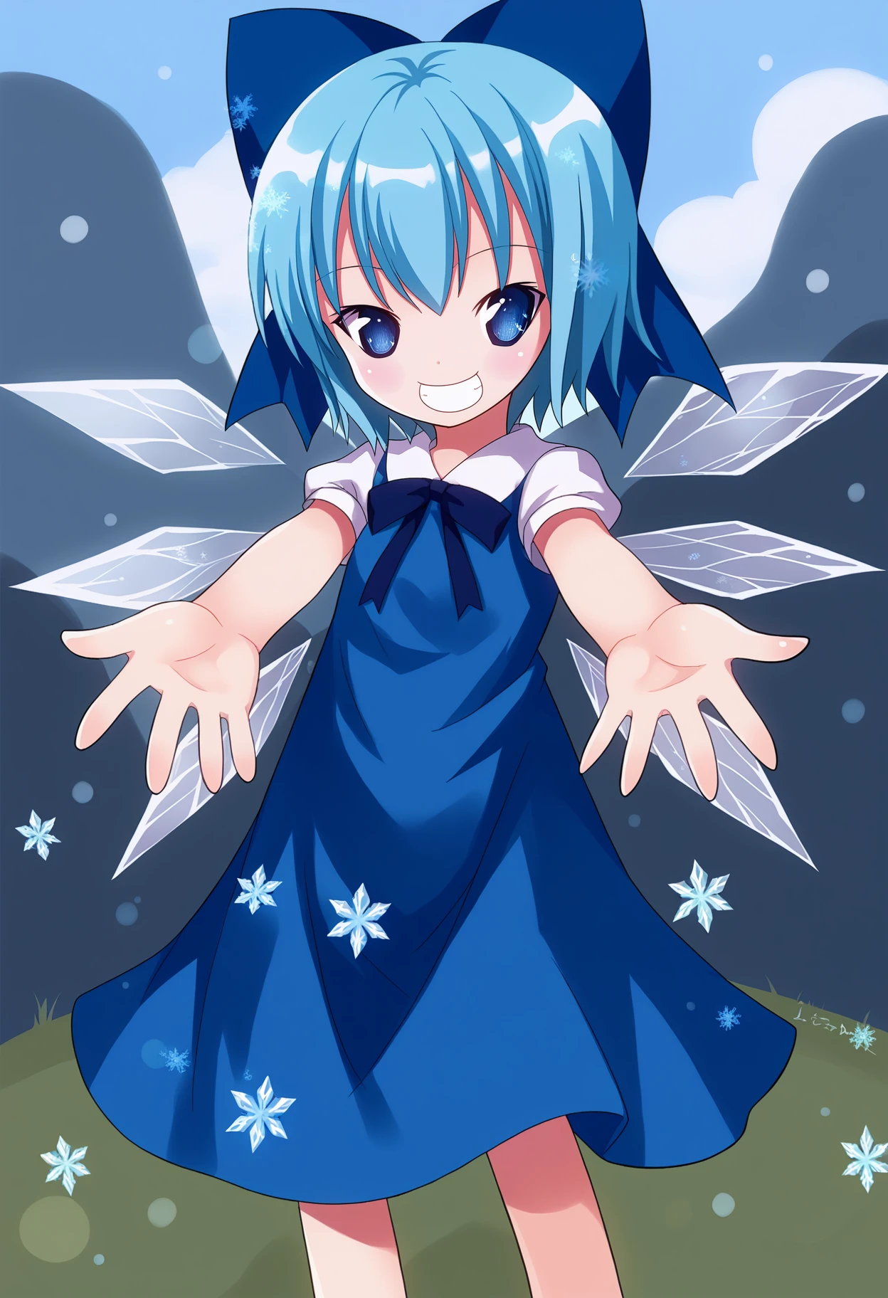 score_9, best quality, masterpiece, uncensored, source_anime
BREAK
cirno, 1girl, solo, looking at viewer, smile, short hair, blue eyes, dress, bow, ribbon, blue hair, short sleeves, hair bow, wings, blue dress, blue bow, outstretched arms, foreshortening, ice, outstretched hand, ice wings, snowflakes
<lora:kiira_pony_v1:1>