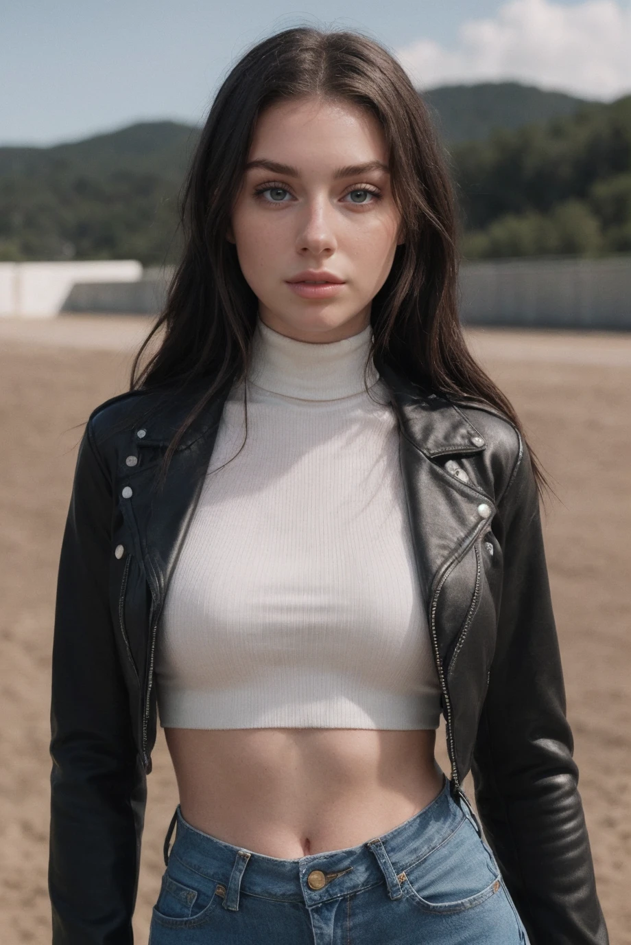 photo of a 0ER0_Sarah_Waddles, <lora:epi_noiseoffset2:0.8>, bokeh, (moto jacket with a ribbed turtleneck and high-waisted jeans, she achieves edgy-cool vibes with a touch of attitude:1.2), at a racetrack, RAW photo, 8k UHD, soft lighting, high quality, film grain, Fujifilm XT3, 16mm, color graded portra 400 film, remarkable color, remarkable detailed pupils