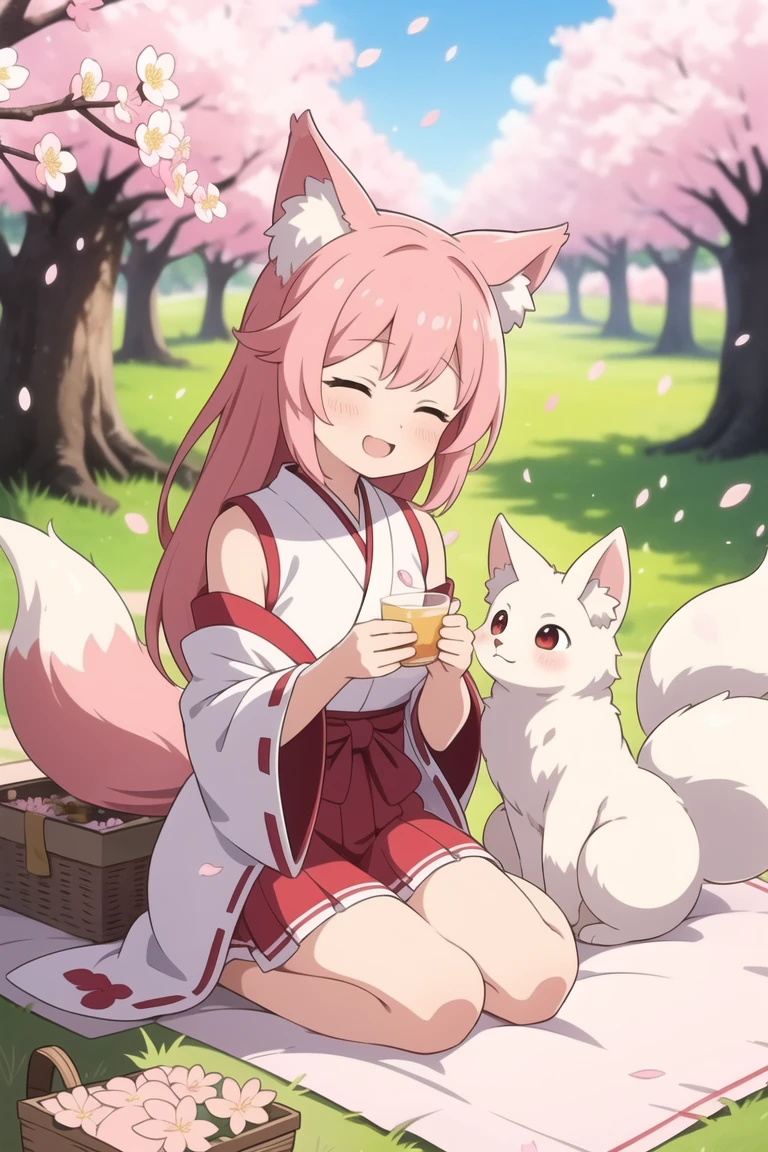 Tools used : a1111, depth midas (0.5), krita || Keywords : 1 girl, young, cute, fox girl, fox tail, pink hair, sitting, springtime picnic, little fox pet, blooming sakura, peaceful scene