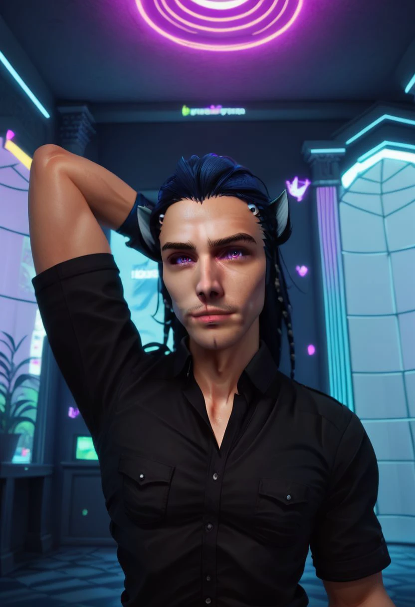 Tobias X'voor, 1bot, male focus, solo, looking at viewer, shirt, gloves, blue hair, purple eyes, braids,  black shirt, indoors, arm behind head, PonyXLV6_Scores zPDXL