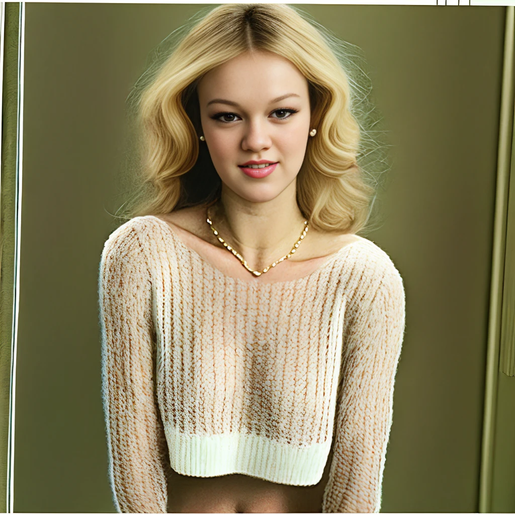 portrait photo of a blonde haired woman BrigitteLahaie wearing oversized sweater, sfw, (masterpiece, best quality:1.2), smiling,