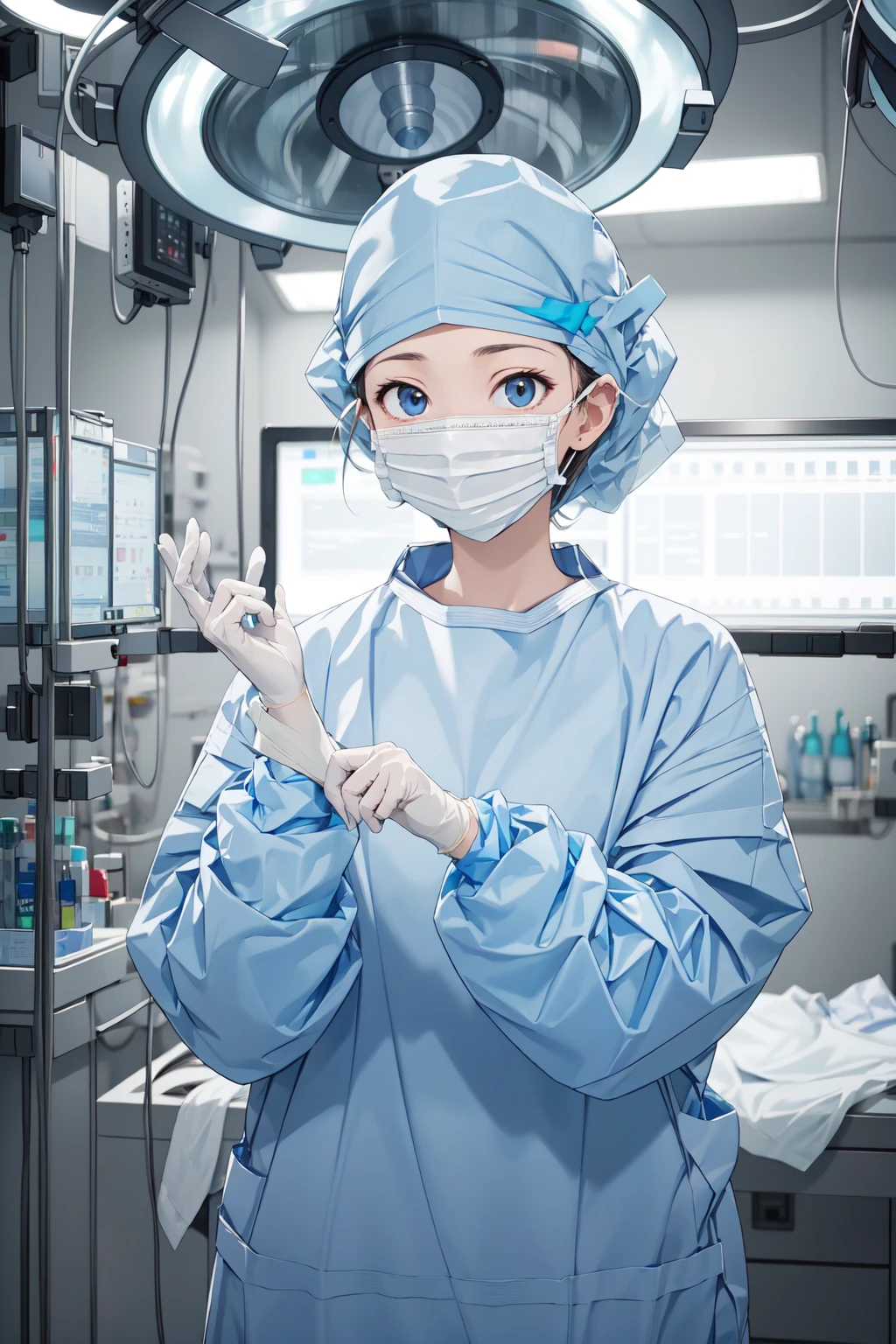 (RAW photo, best quality), 1girl, long sleeve surgical outfit, surgical mask,  surgical gloves, surgical cap,  operating room, overhead surgical light, blurred background, focused
 <lora:concept_surgery_gloving_v2_1:1>, putting_on_surgical_gloves,