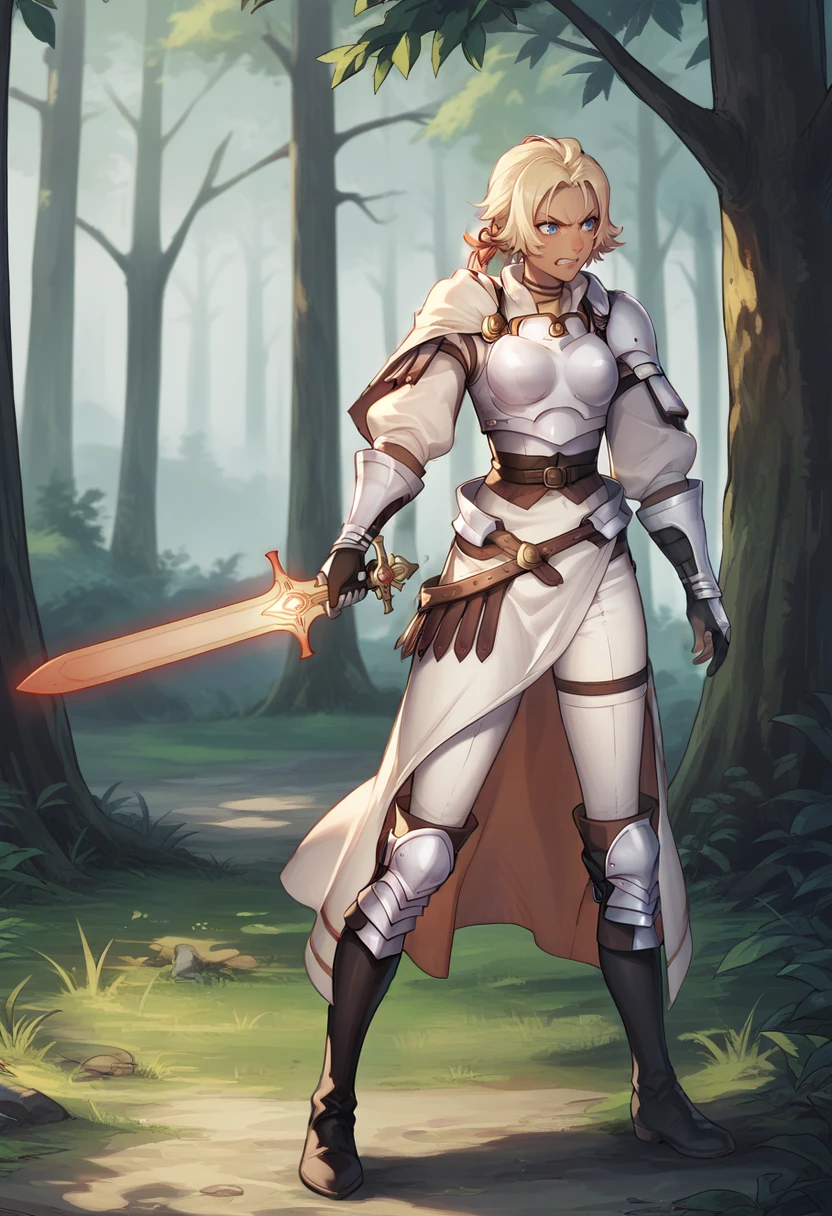 BREAK 1girl, full body, clenched teeth, action, holding sword, glowing weapon, <lora:CatherineFE-pdxl:1> defCath, short hair, ponytail, hair ribbon, dark skin, breastplate, pauldrons, capelet, gauntlets, white pants, knee pads, choker, belt, waist cape, thigh boots, outdoors, forest