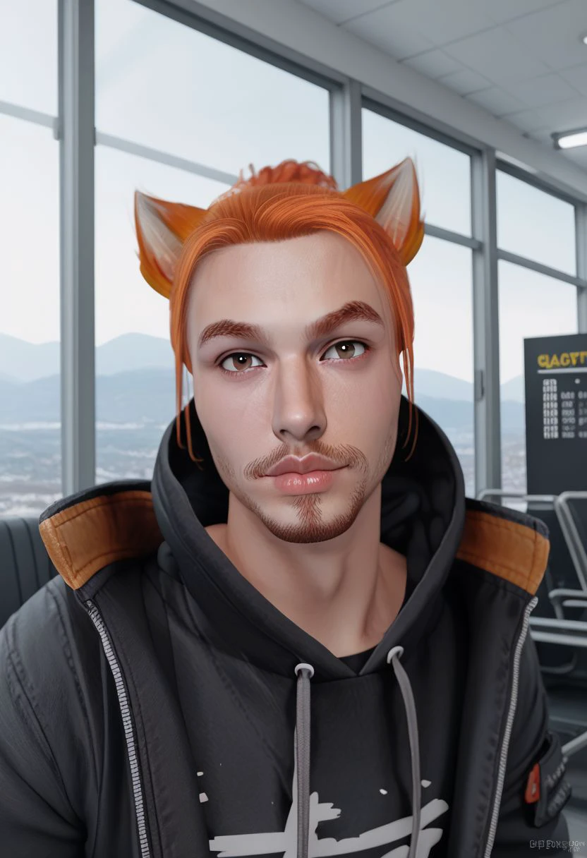 Roiadan Vanzey, solo, looking at viewer, 1boy, animal ears, brown eyes, upper body, male focus, indoors, cat ears, hood, orange hair, lips, facial hair, beard, airport scene, windows, signs, PonyXLV6_Scores zPDXL