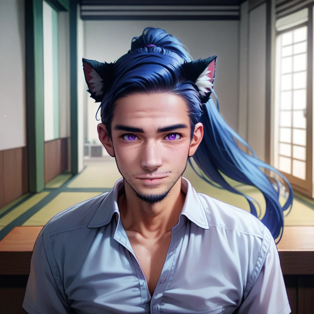 Tobias X'voor, solo, long hair, looking at viewer, purple eyes, shirt, blue hair, 1boy, animal ears, closed mouth, blue hair, collarbone, upper body, ponytail, male focus, collared shirt, indoors, cat ears, depth of field, facial hair, stubble, cat ears, animal ear fluff, partially unbuttoned