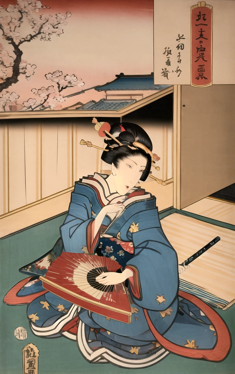 ((masterpiece, best quality)), insaneres, absurdres, solo, 
ARTSTYLE_Kunisada_ownwaifu, fine art parody, japanese clothes, 1girl, blue kimono, boat, watercraft, comb, black hair, hair ornament, hair stick, kanzashi, traditional media, hand fan, east asian architecture, indoors, cherry blossoms, 
(from above, sitting)<lora:ARTSTYLE_Kunisada_ownwaifu:0.9>,
looking at viewer,