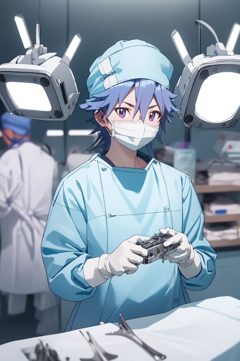 (RAW photo, best quality), 1girl, long sleeve surgical outfit, surgical mask,  surgical gloves, surgical cap,  operating room, overhead surgical light, dslr, blurred background, focused
<lora:triage_x_sayo_hitsugi_v1_2:1.3>, sayo hitsugi (triagex), 
 <lora:concept_clothing_surgical_outfits_scrub_nurse_v2_1:0.7> scrub_nurse