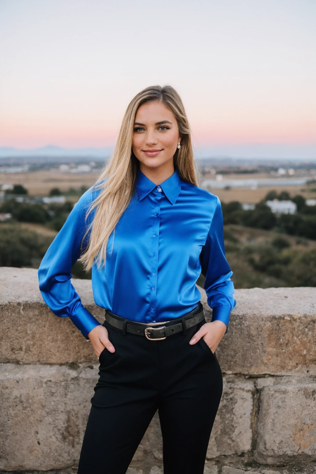 beautiful photograph of a smart looking 1girl, solo, wearing a blue, satin collared shirt, very detailed fine silk fabric emphasis, perfectly defined button detailing, black pants with a belt, diamond stud earrings, long sleek blonde hair, brown eyes, freckles, warm and sensual smile, slender figure, standing against a country skyline at midday, cowboy shot, full body shot, photographed on a Fujifilm XT3, 80mm F/1.7 prime lens, cinematic film still, cinestill 500T, highly detailed, masterpiece, highest quality, intricately detailed, HDR, 8k, uhd, photorealistic, <lora:SatinShirt:0.75>