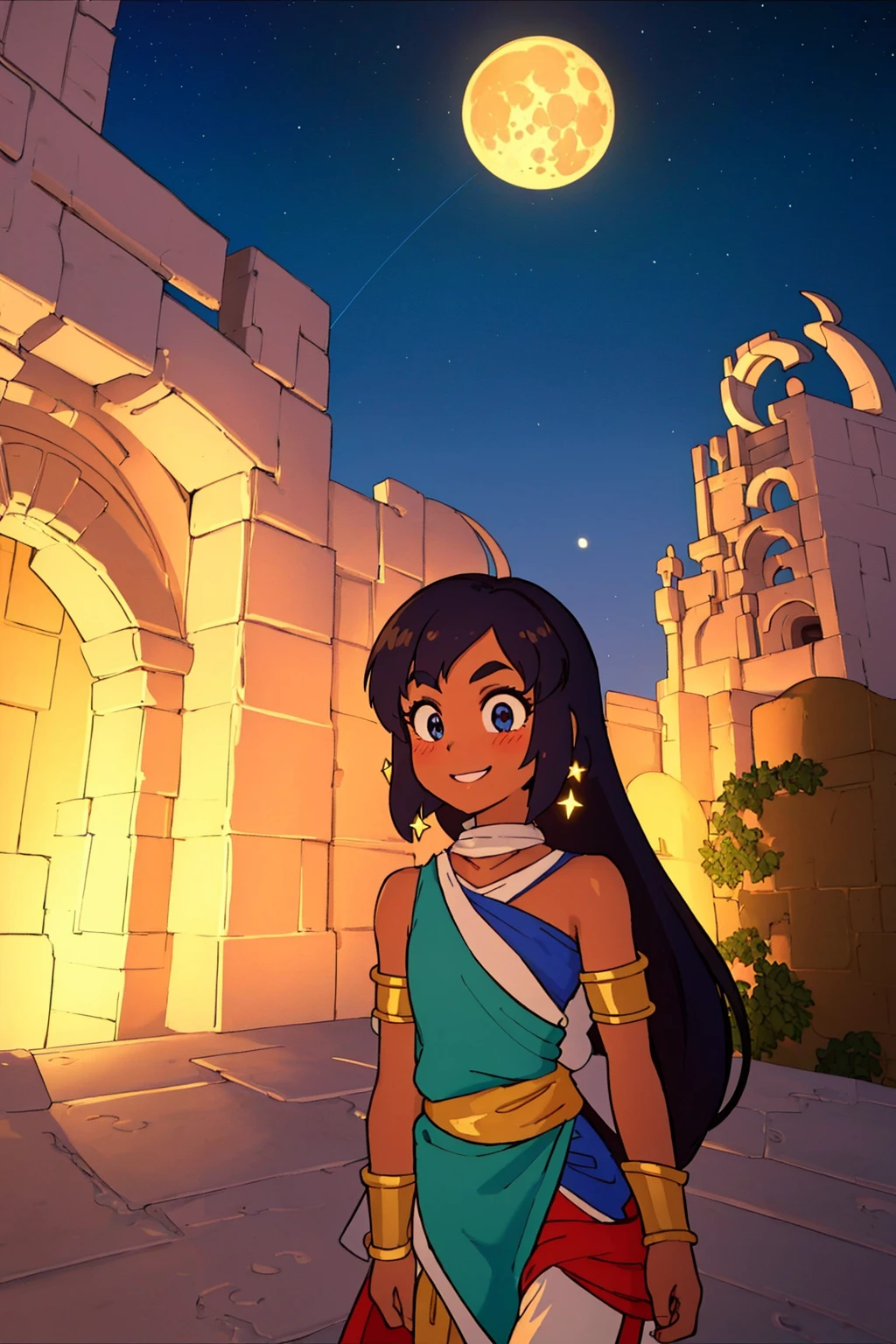 masterpiece, ultra-detailed, best quality, illustration, 8k cg wallpaper, an extremely delicate and beautiful, 1girl, Princess Jasmine /(Aladdin/), solo, perfect anatomy, smiling, blushing, dark skin, perfect arms, perfect legs, cute, pretty, beautiful, sexy, perfect body, (background: Arabian city, Arabian buildings, night sky, moon, stars, intricately detailed items in background), <lora:Rime:1>