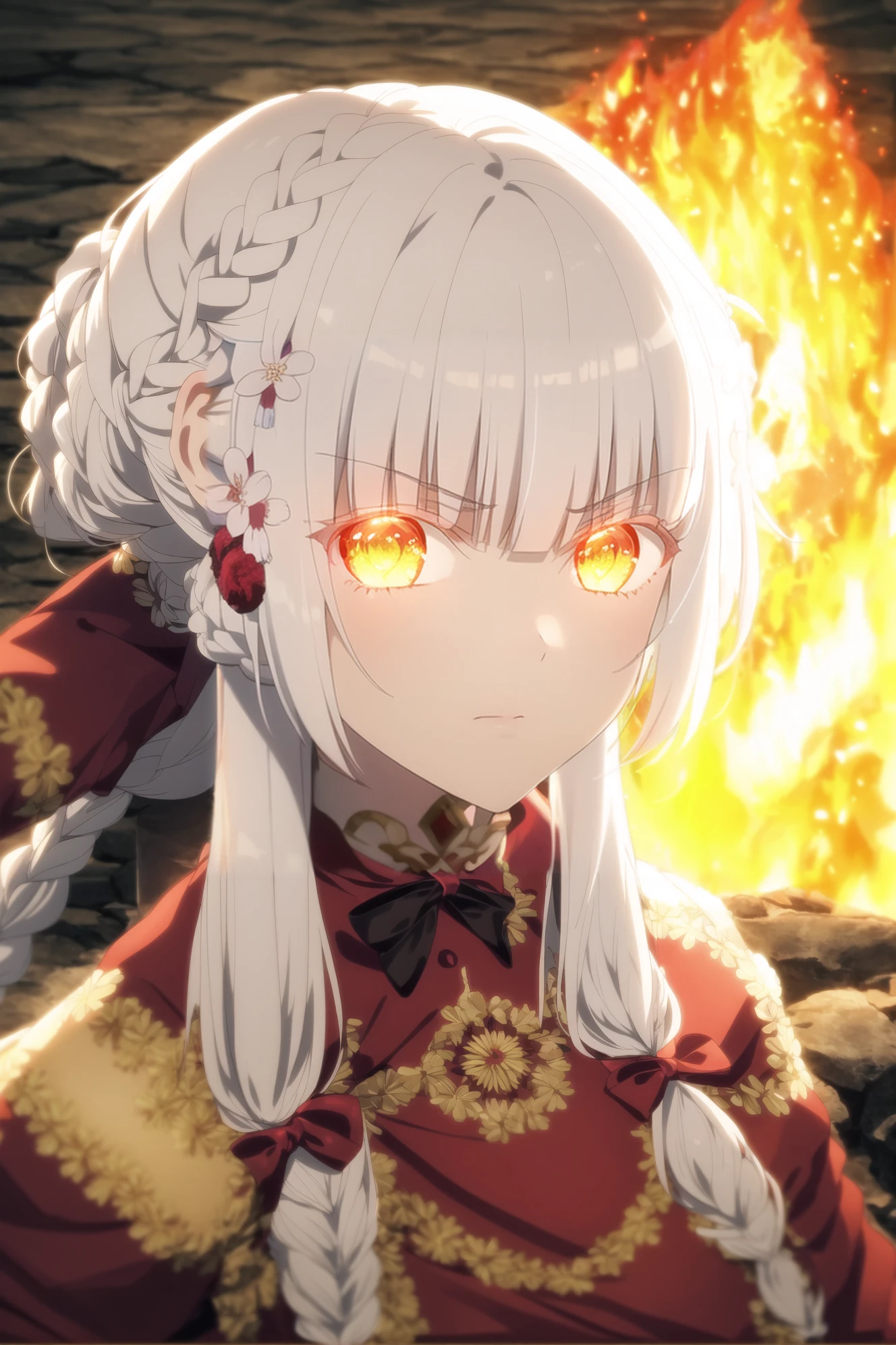 masterpiece, best quality, 1girl, solo, long hair, bangs, hair ornament, ribbon, closed mouth, hair ribbon, yellow eyes, upper body, braid, flower, white hair, sidelocks, alternate costume, hair flower, hair bun, blurry, orange eyes, glowing, single hair bun, fire, portrait, glowing eyes, serious, braided bun
