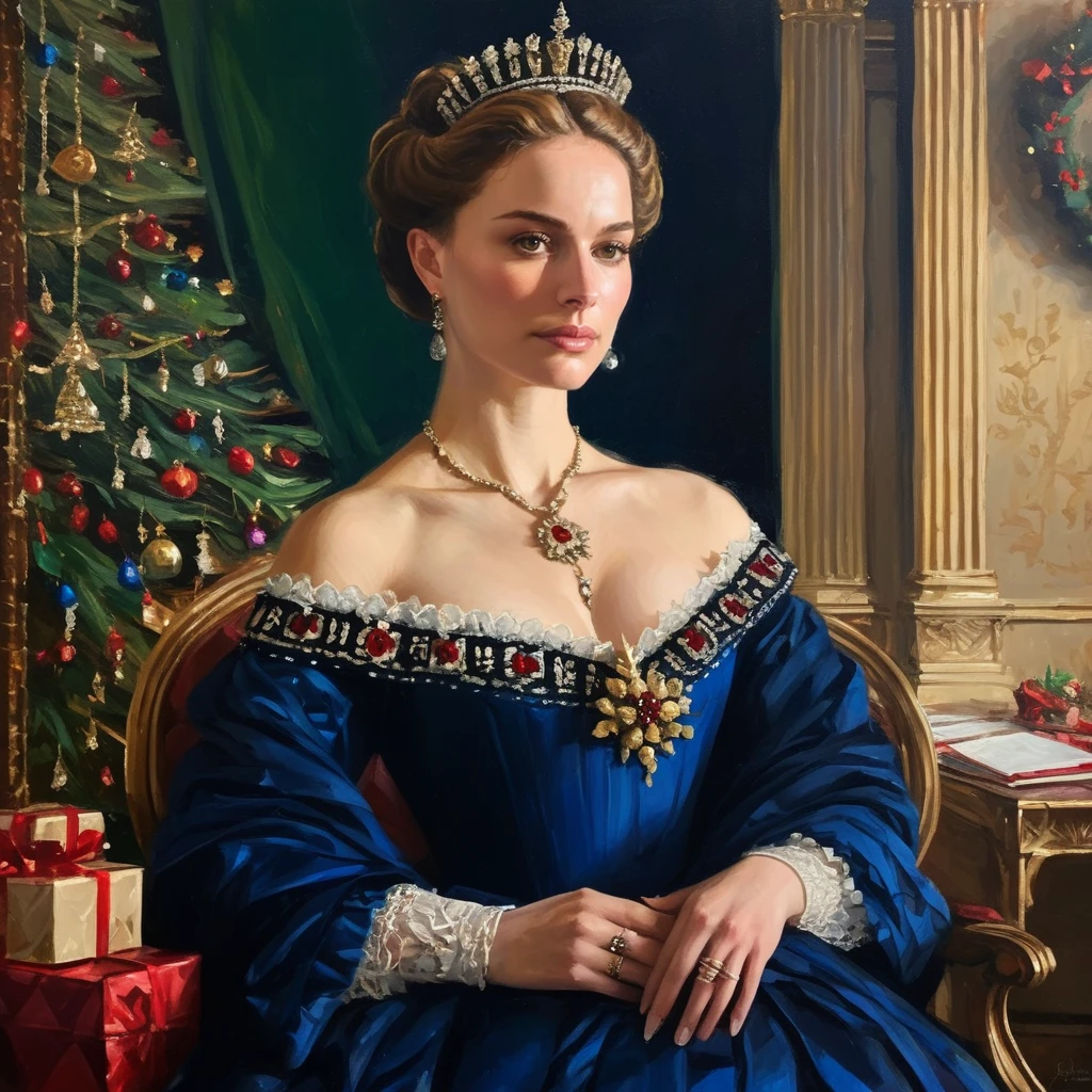 Oil painting of a Victorian queen during christmas time, natxportman, <lora:natportman_gpt4_juggernautX_2_wocap-merger_21_65_83_04_02_04-natxportman:1.1>
