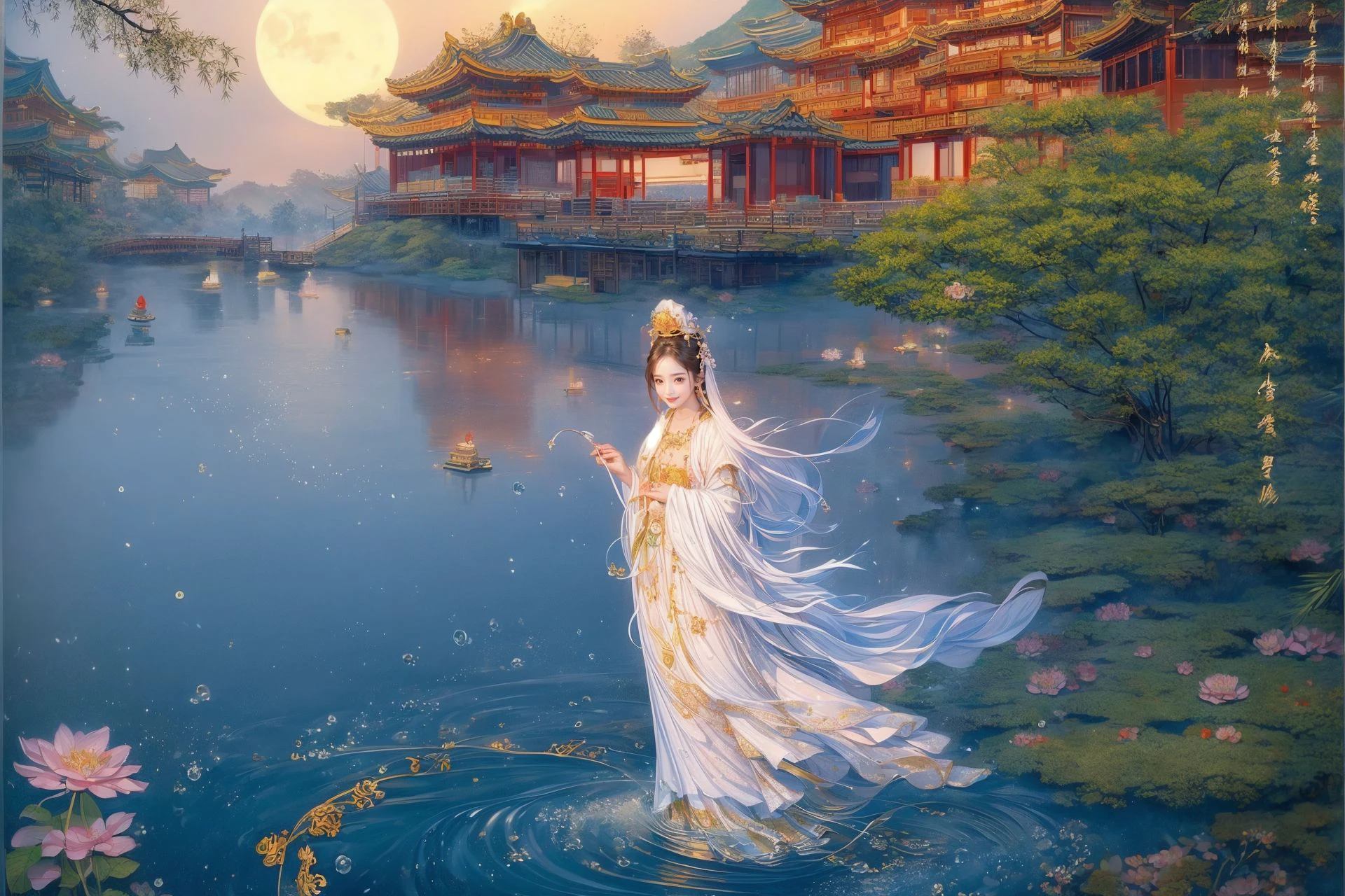 ((best quality)), ((masterpiece)), (detailed) ,
((guanyin,1girl),water,traditional media,jewelry, moon,flowers),
(xinjin ,chinese text, text focus,wall of text),
jile, east asian architecture,architecture,
<lora:add_detail:1>,<lora:yuzuv10:0.5>, <lora:bguanyinv3:0.887>