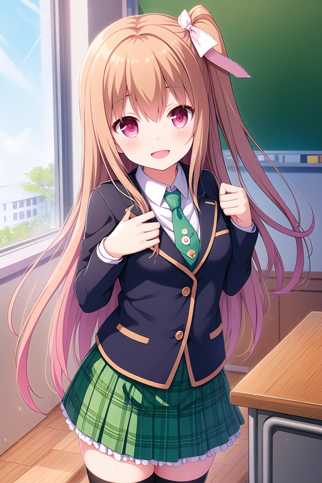 (masterpiece, best quality), highly detailed background, perfect lightingbest quality, asahinamomoko, solo, indoors, classroom, light brown hair, hair ribbon, white ribbon, one side up, hair between eyes, very long hair, pink eyes, small breasts, blue jacket, blazer, green necktie, white shirt, hands up, clenched hands, green skirt, plaid skirt, black bow, polka dot, black thighhighs, school uniform, smile, open mouth, :d, pink lips, <lora:Asahina-Momoko:0.7>