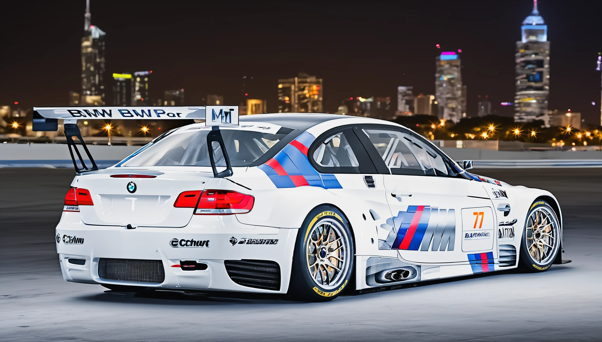 An epic digital print background featuring the iconic BMW M3 GT E92 amidst a dynamic cityscape at night, with neon-lit skyscrapers towering in the background and streaks of vibrant light trails from passing cars adding to the atmosphere of speed and excitement. The M3 GT E92 takes center stage, its sleek lines and aggressive stance highlighted by the pulsating glow of city lights, while a full moon casts an ethereal glow overhead. With every detail meticulously rendered in high definition, this background captures the essence of urban sophistication and exhilarating performance, making it the perfect backdrop for showcasing the legendary BMW M3 GT E92, cinematic lighting, multiple views, Wide-Angle, Ultra-Wide Angle, 135mm, f/1.8, Canon, UHD, retina, masterpiece, super detail, award winning, best quality, 4K