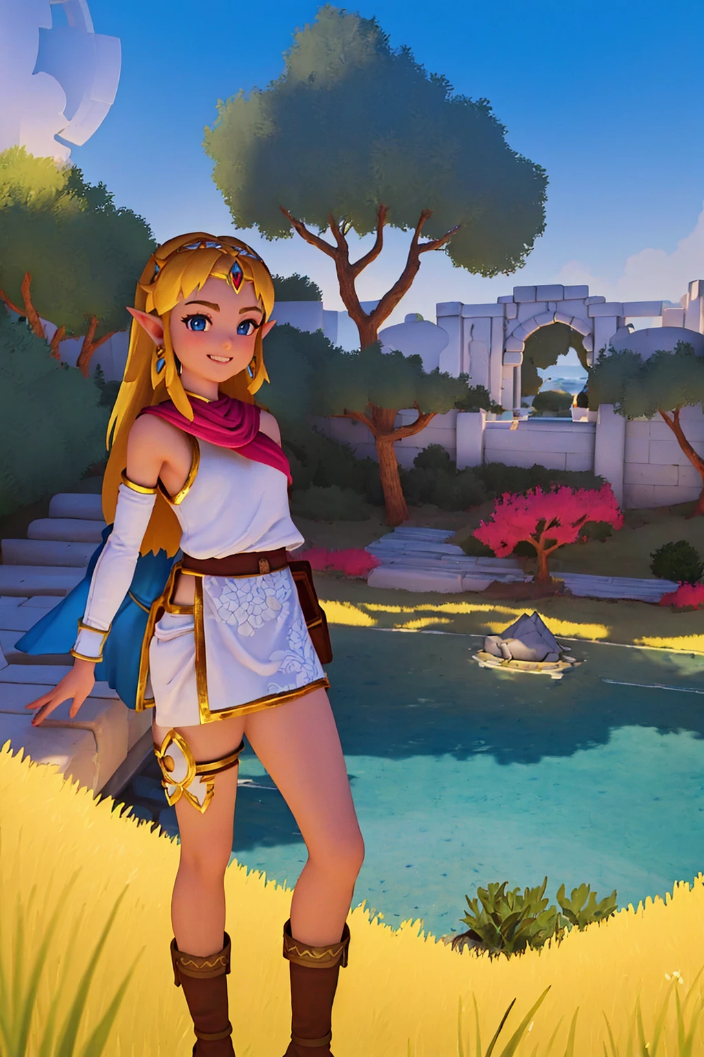 masterpiece, ultra-detailed, best quality, illustration, 8k cg wallpaper, an extremely delicate and beautiful, 1girl, Princess Zelda /(The Legend of Zelda/), solo, perfect anatomy, smiling, blushing, perfect arms, perfect legs, cute, pretty, beautiful, sexy, perfect body, (background: flowery field, grass, trees, flowers, ruins, intricately detailed items in background), <lora:Rime:1>