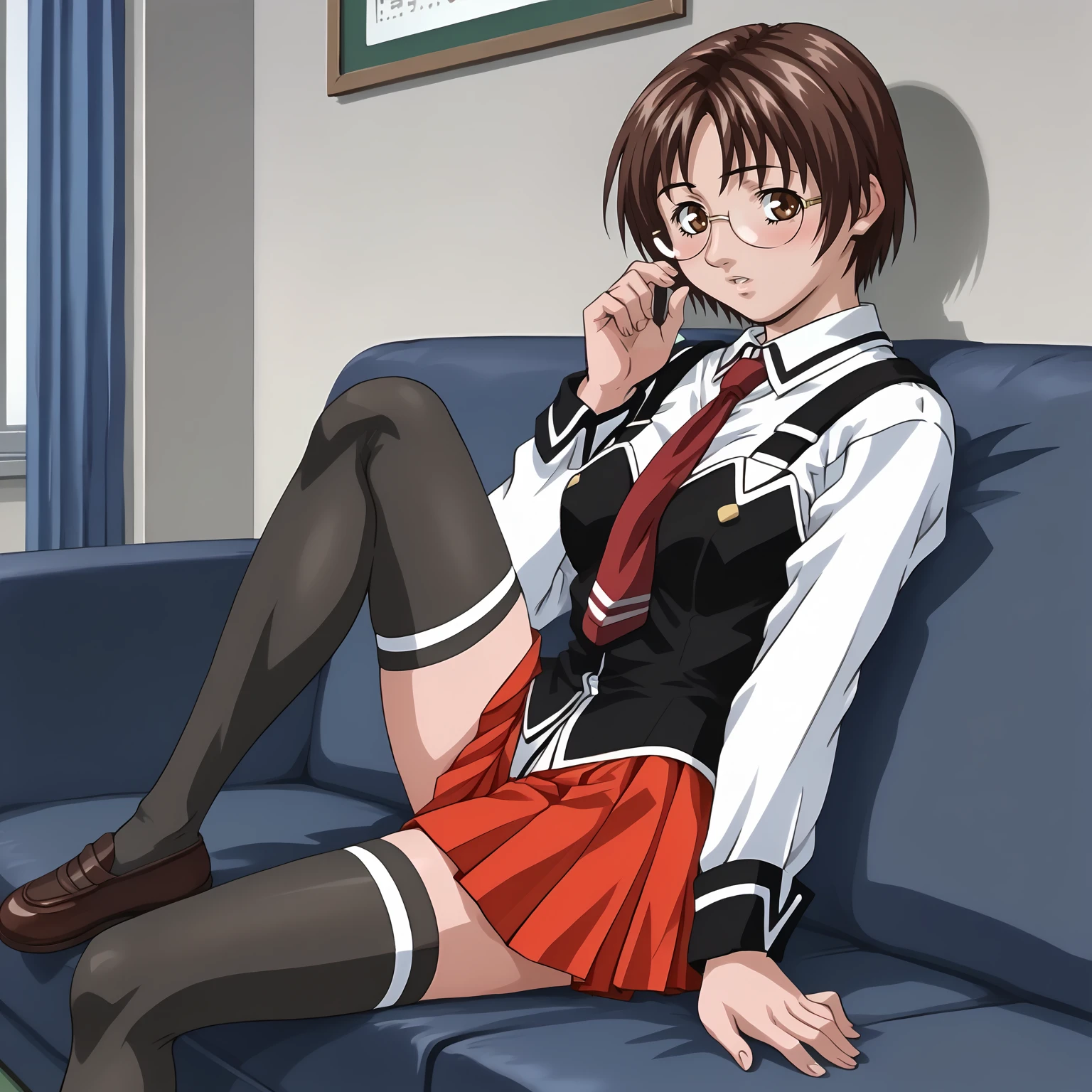 <lora:MiyukiNonogusaXLpony003>,parted lips,blush,
solo,
MiyukiNonogusa,1girl,brown hair,short hair,eyewear,brown eyes,
school uniform,white shirt,strap,vest,red tie,
red skirt,
thighhighs,
full body,sitting,sofa,