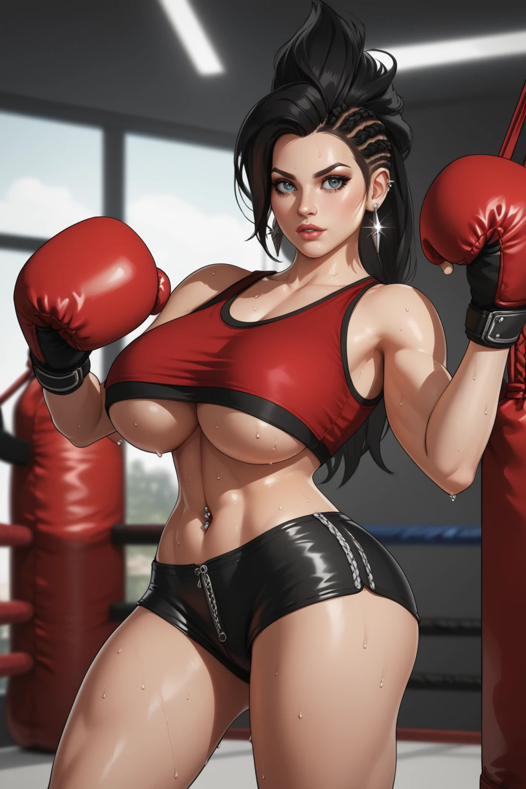 score_9, score_8_up, score_7_up, masterpiece, high quality
<lora:Pure OnyxPony:1> 1girl, black long hair:1.2, hair pulled back, iroquois, [plain burgundy red crop top], fingerless gloves, braids, navel piercing, short leather shorts, sidecut, earrings, underboob, in a gym, boxing a punching bag, boxing stance, sweat, 2boys watching in background