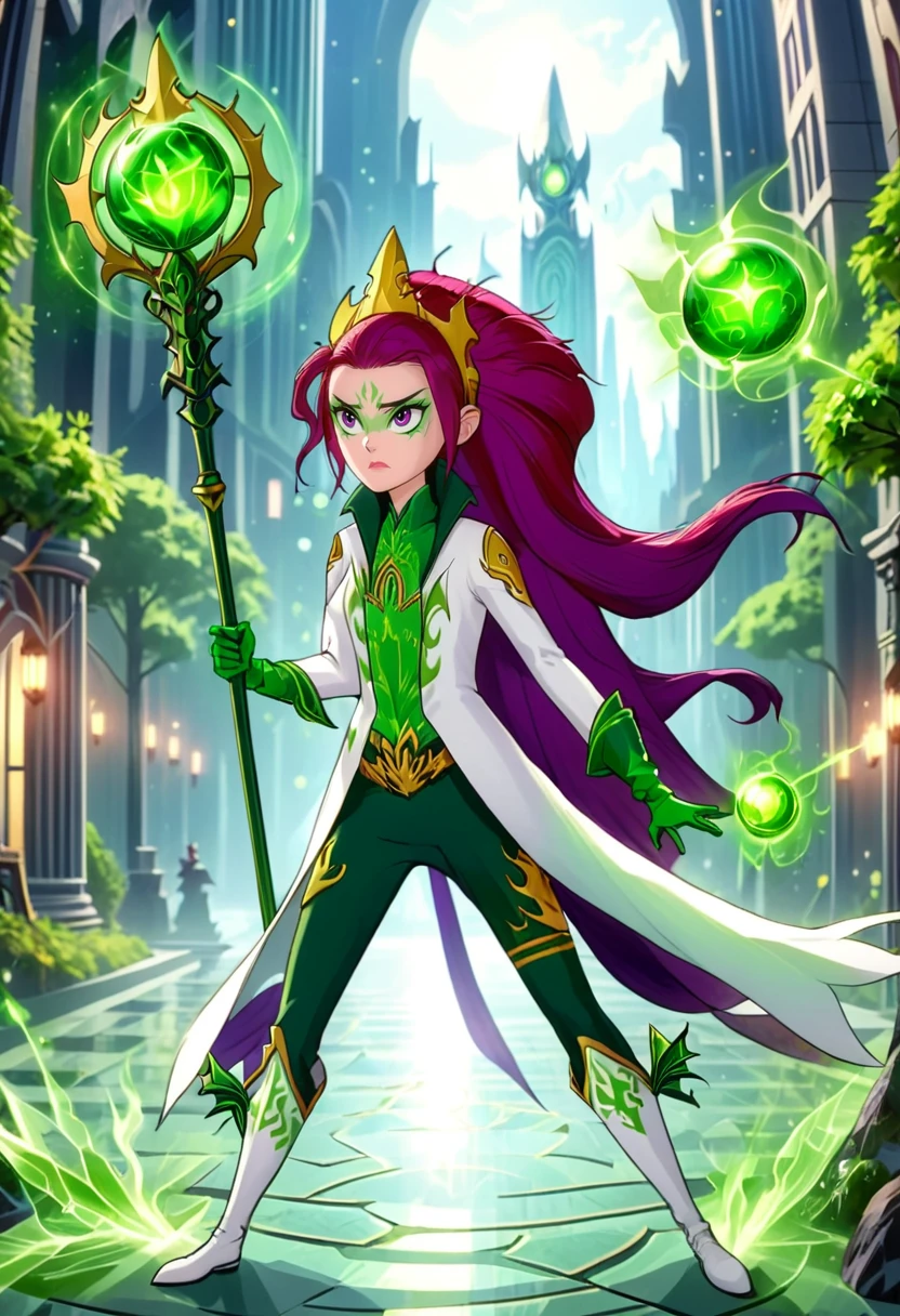 (best quality, masterpiece, absurdres, highres, ultra_detailed, dynamic angle:1.2), arkayna \(mysticons\) magic outfit <lora:mysticons_arkayna_magic_xl:1>, 1girl, long white coat, ponytail, very long red-purple hair, gold crest, green bodysuit, green gloves, dark green tight pants, white tall boots, tattoo around eyes, purple eyes, wielding a green orbstaff, glowing eyes, casting spell, green magic, solo, futuristic city, cartoon, cartoon style, (intricate details, hyperdetailed:1.15), (ultrahigh resolution textures), bokeh, (volumetric, cinematic) lighting, <lora:XL_Weapon_Orbstaff:0.675>