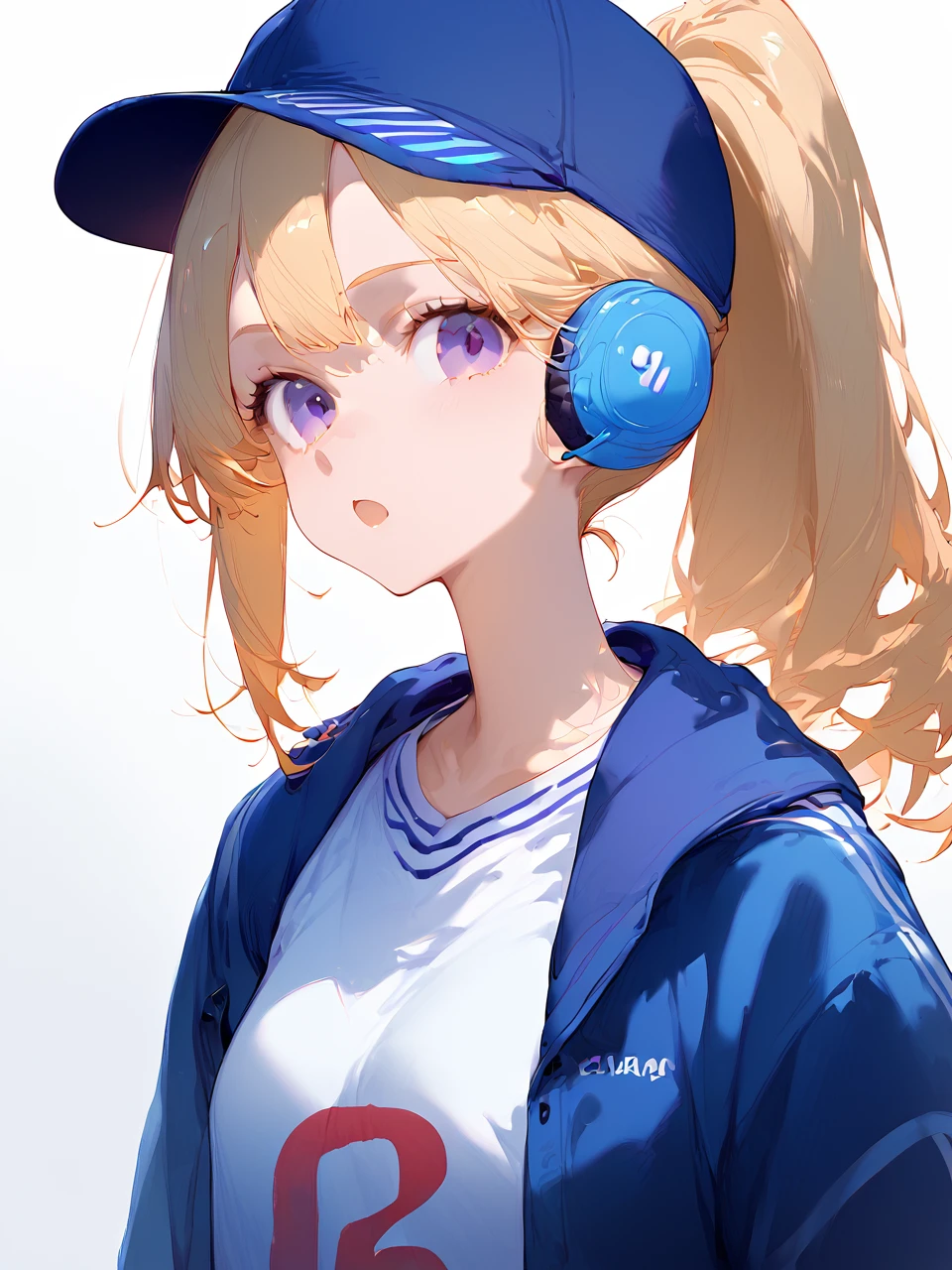 1girl,
score_9, score_8_up, score_7_up, sportswear, hat, shirt, purple eyes, headset, looking at viewer, ponytail, blue jacket, white shirt, simple background, long sleeves, jacket, baseball uniform, solo, white background, :o, baseball cap, blonde hair, upper body, open mouth