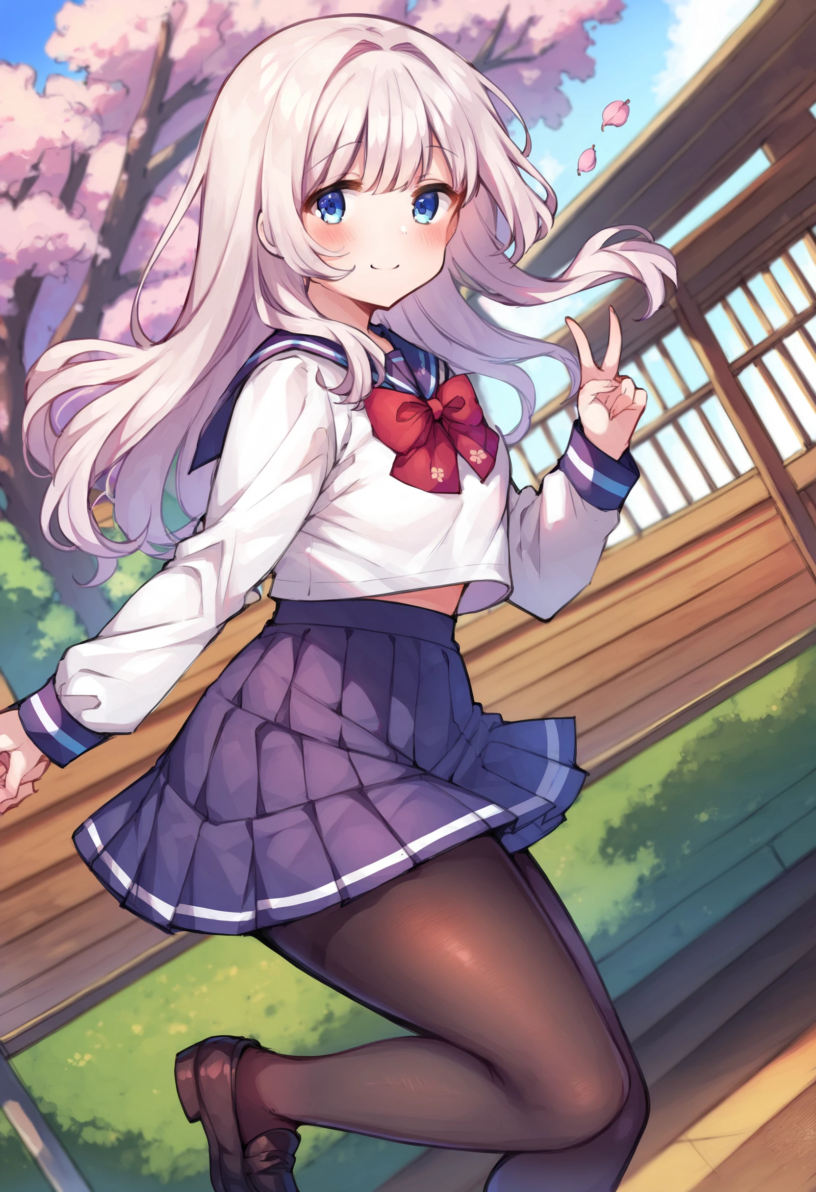 <lora:Pony_Style1052442604v2-000210:0.8>, score_9, score_8_up, score_7_up, score_6_up, score_5_up, score_4_up, 1girl, solo, outdoors, school uniform, pantyhose, blue eyes, long hair, skirt, smile, looking at viewer, black footwear, sailor collar, long sleeves, shoes, bangs, bow, v, cherry blossoms, white shirt, bowtie, pleated skirt, blush, running, black pantyhose, serafuku, loafers, blue sailor collar, red bow, white hair, brown pantyhose, dutch angle, from side