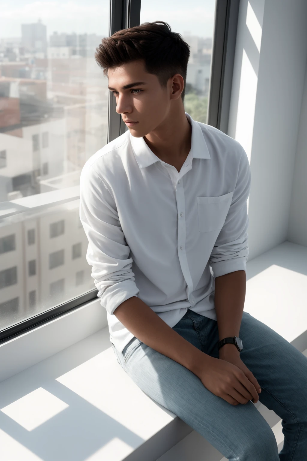 Homem branco jovem forte, com cabelos muito curtos e loiro muito claro dourado de etnia europeia. Ele deve estar em seu apartamento, de costas pra foto e sem camisa.
