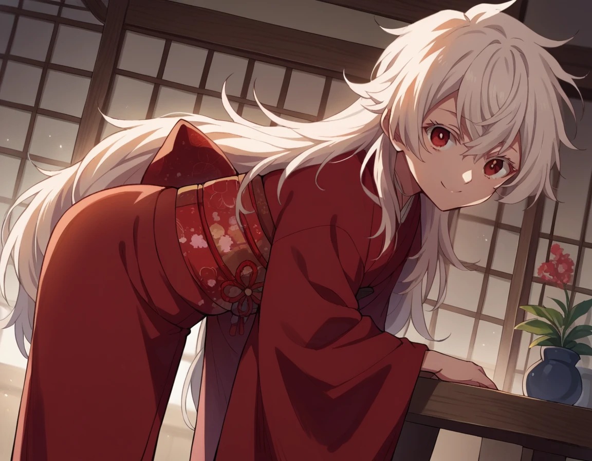 score_9, score_8_up, score_7_up, source_anime,
summertimehaine,  <lora:summertime-haine-s1-ponyxl-lora-nochekaiser:1>,
haine, long hair, bangs, red eyes, white hair,
japanese clothes, kimono, red kimono,
indoors, smile, bent over,
looking at viewer, dutch angle, cowboy shot, solo,