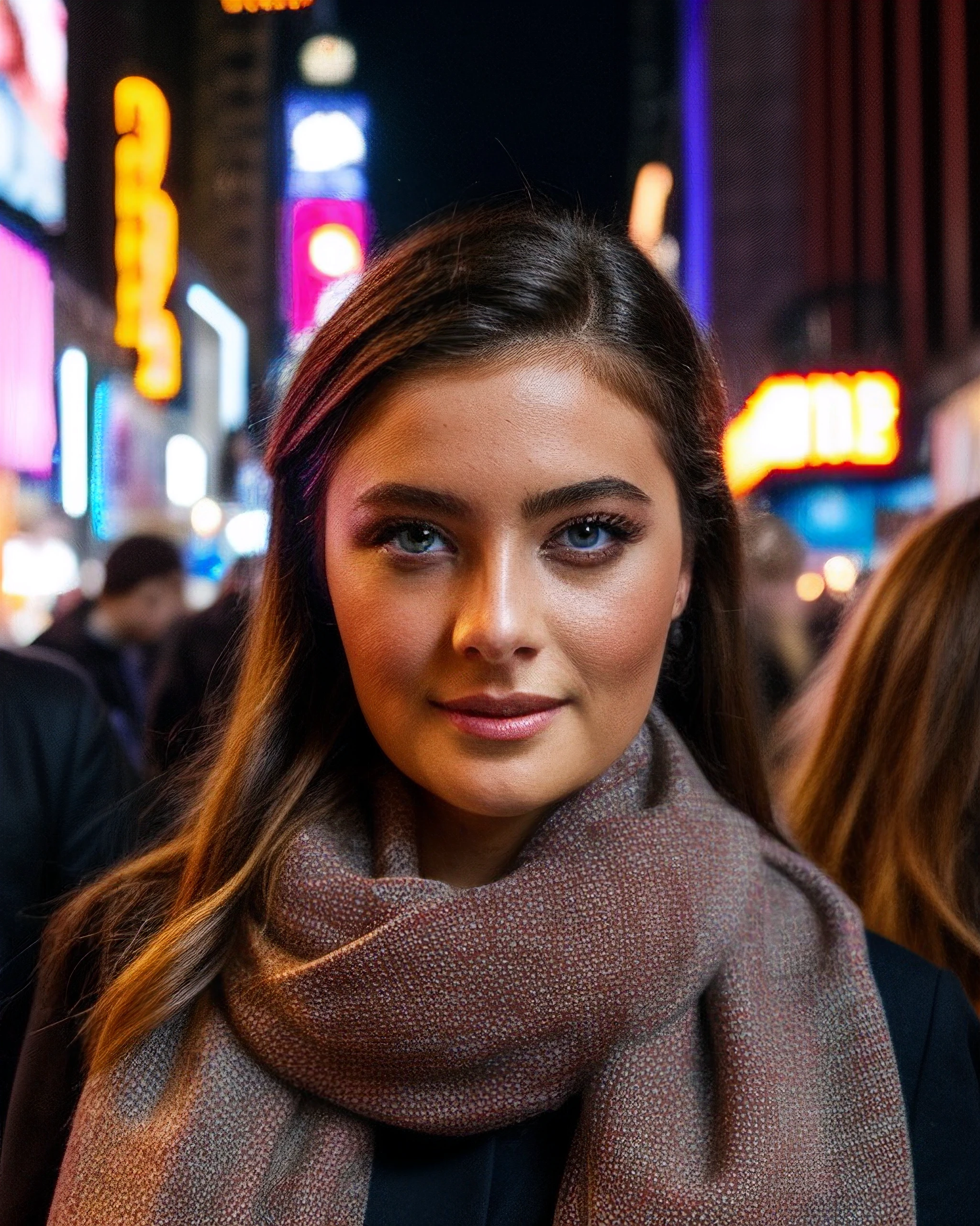 photo of millieb, makeup, jewelry, scarf, portrait, antique, formal 16mm,times square, remarkable color, remarkable detailed pupils