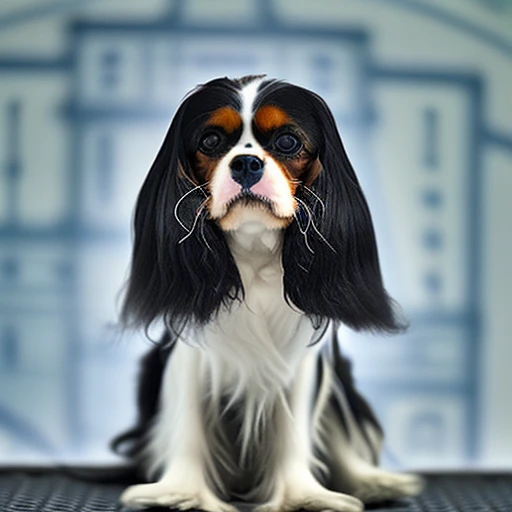 NOBLEDOGS_CKCS,cavalier king charles spaniel dog,a small black and white dog on a table in front of a cityscape background with a clock tower and a clock tower at the back ground,it's edge,blurry,no humans,depth of field,blurry background,animal,dog,realistic,animal focus