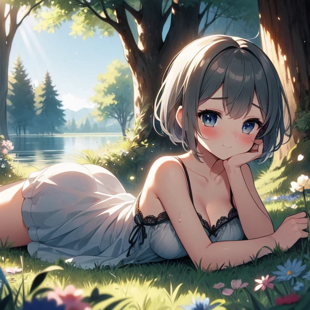 (((masterpiece))), (((best quality))), (((internal))), (((facing viewer))), (((tree frame))), (((round frame))), (((silhouette))), ((bush)), deep in the forest, river, closed eyes, smile, see through, ligth gray sundress, spaghetti strap, bare shoulders, floating hair, wind, grass, clouds, flowers, sunbeam, blue sky, fallen leaves, bokeh, backlighting, twilight, light rays, tyndall effect, solo, 1girl at indoor, ((lying on stomach)), gray short hair, ribbon, cleavage, medium breasts, sweat, shy, blush, slim figure, <lora:girlliketreeframe:0.9>