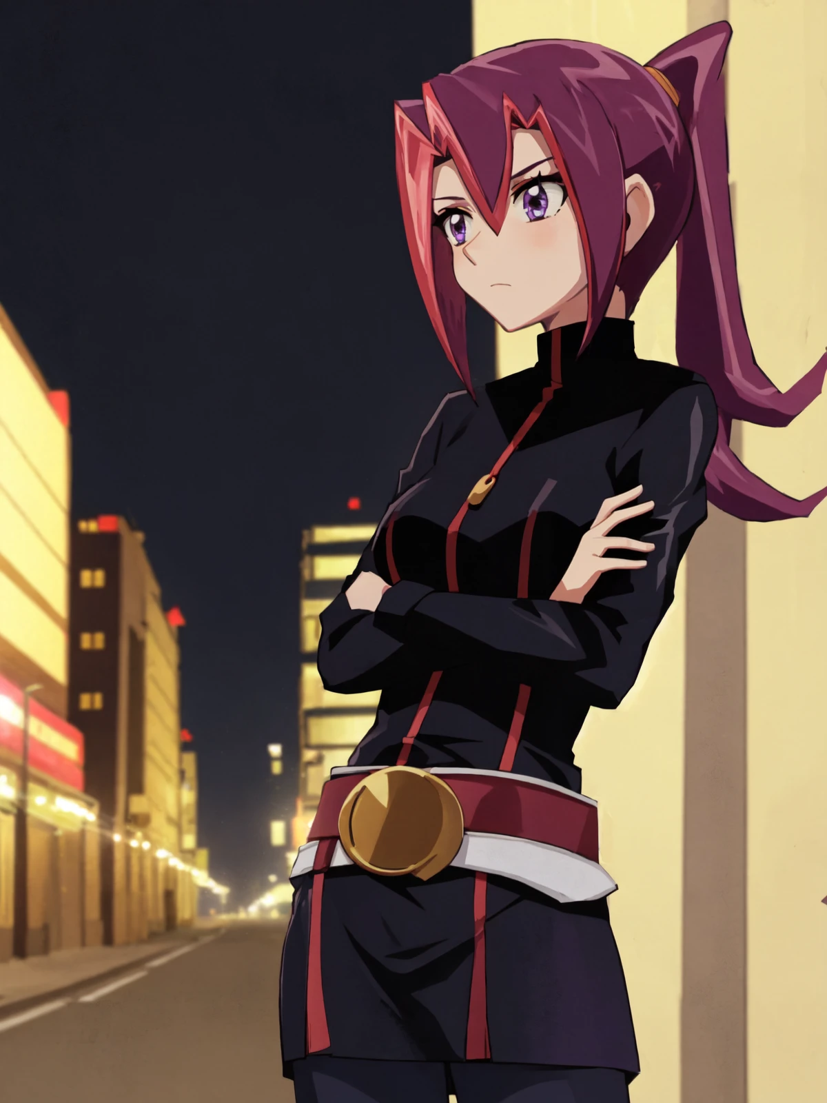 SLE, mksks style, detailed background absurdres, highres, cowboy shot, solo, 1girl, <lora:Akari Tsukumo (Yu-Gi-Oh ZEXAL):1>, akari_tsukumo, akari_bikesuit, purple belt, standing, crossed arms, looking away, expressionless, city, road, night, lampposts, city lights, outdoors