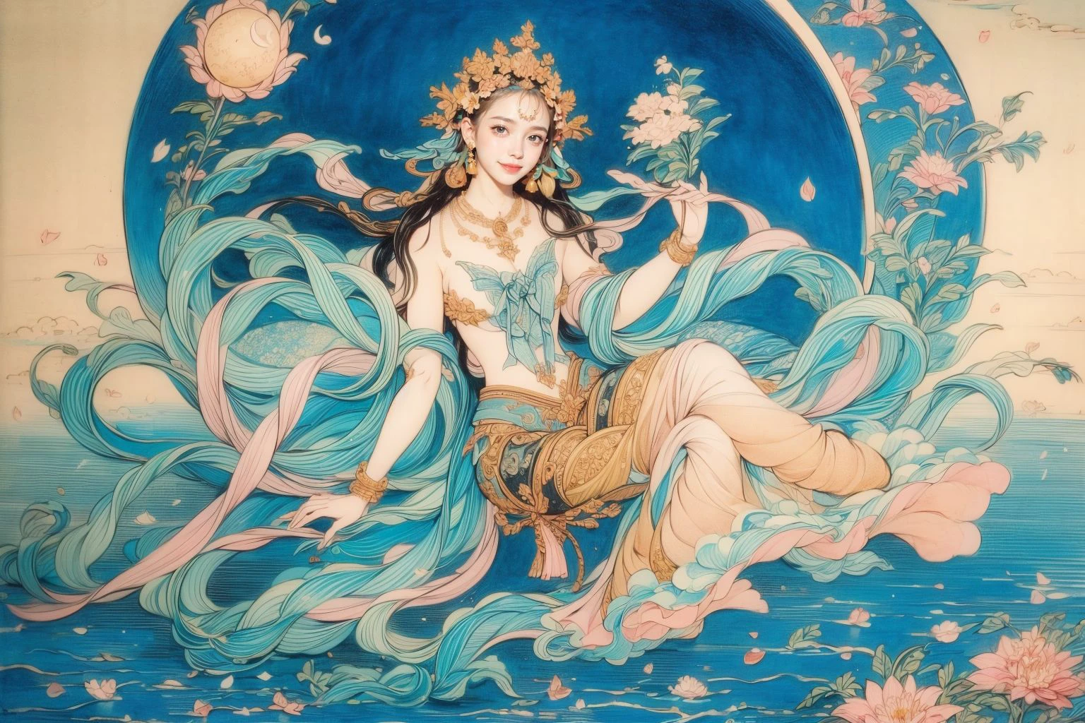 ((best quality)), ((masterpiece)), (detailed) ,
((dumu,1girl),water,traditional media,jewelry, moon,flowers),
<lora:add_detail:1>,<lora:yuzuv10:0.5>, <lora:rdumuv4:0.887>