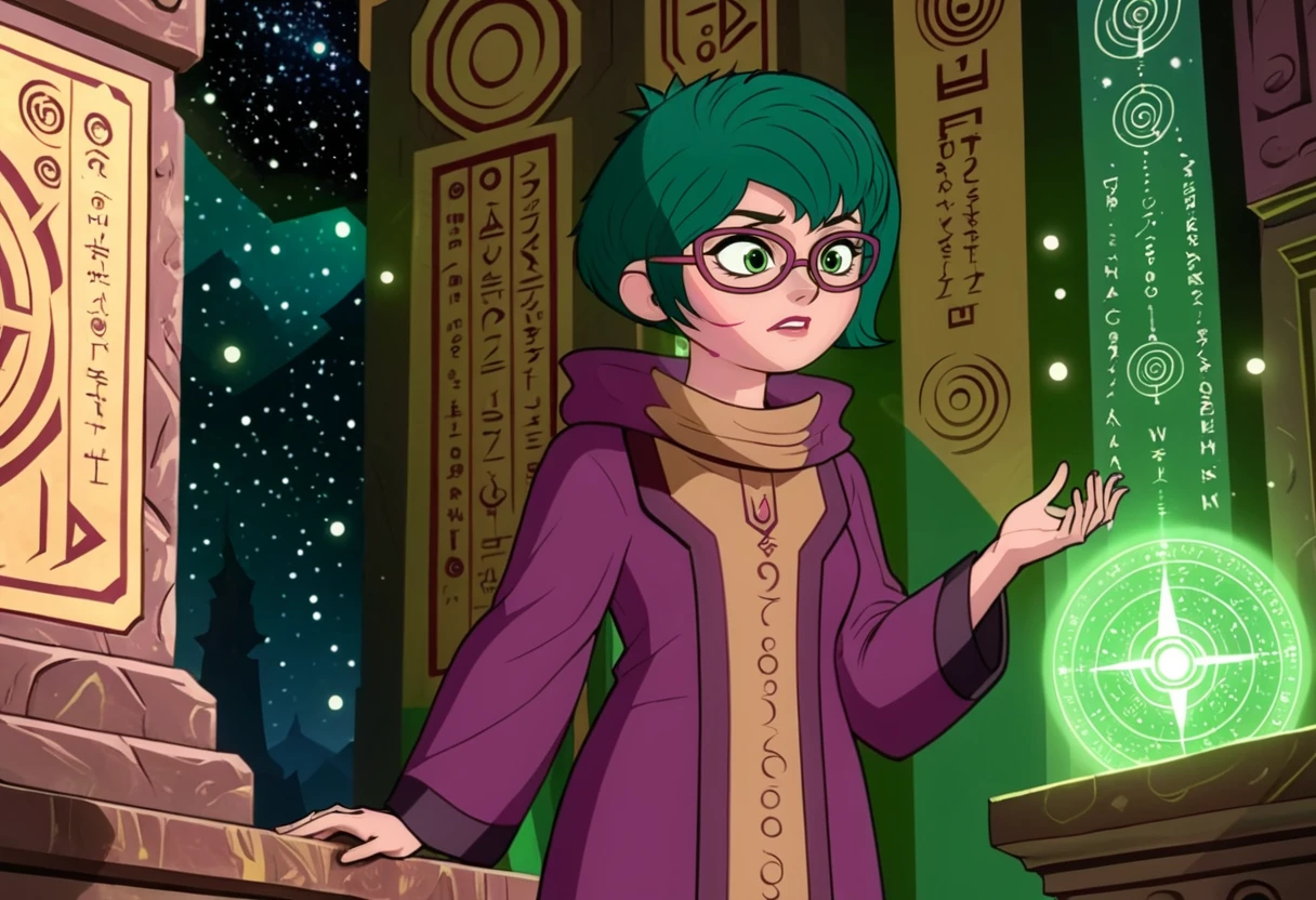 (best quality, masterpiece, absurdres, highres, ultra_detailed, dynamic angle:1.2), proxima \(mysticons\), <lora:mysticons_proxima_xl_v4:1>, 1girl, glasses, green short hair, brown collared robes with long sleeves, solo, alone, in a mystical temple, walls covered with glowing glyphs and constellation charts, cartoon, cartoon style, (intricate details, hyperdetailed:1.15), (ultrahigh resolution textures), bokeh, (volumetric, cinematic) lighting