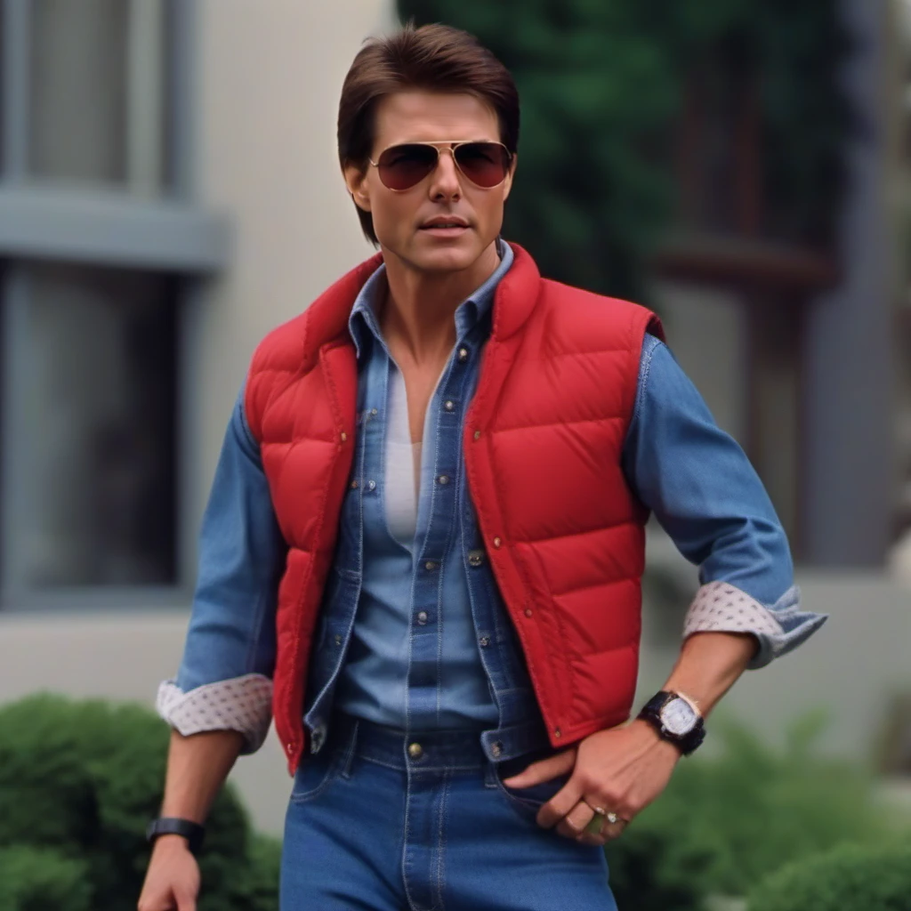 cinematic photo tom cruise with a jeans shirt and pants, red sleeveless vest, with sunglasses on the head,  looks at his 80s casio watch  <lora:McFly1024:0.8> . 35mm photograph, film, bokeh, professional, 4k, highly detailed