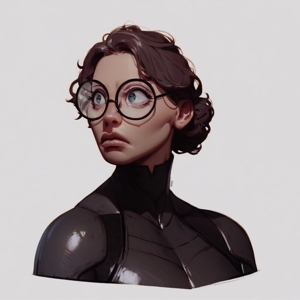 score_9, score_8_up, score_8,1 girl, solo, massive girl, Taylor Hebert, tall, supervillain black bodysuit, skitter black bodysuit, big eyes, unhappy, thin wide lips, round glasses, upper body focus, tall girl, slim body, solo, white background,