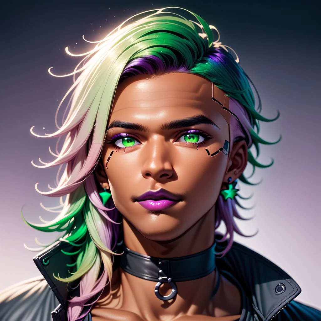 Cameron X'voor, 1boy, male focus, tan, dark skinned male, black choker, black jacket, choker, cyberpunk, earrings, gradient hair, eyeshadow, gradient, gradient background, gradient hair, green eyes, green hair, lips, lipstick, long hair, makeup, multicolored hair, piercing, pink hair, portrait, purple lips, rainbow hair, ,PonyXLV6_Scores zPDXL