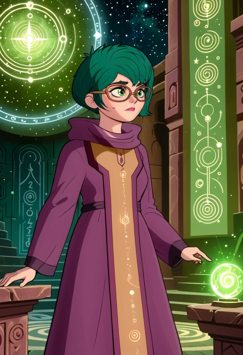 (best quality, masterpiece, absurdres, highres, ultra_detailed, dynamic angle:1.2), proxima \(mysticons\), <lora:mysticons_proxima_xl_v4:1>, 1girl, glasses, green short hair, brown collared robes with long sleeves, solo, alone, in a mystical temple, walls covered with glowing glyphs and constellation charts, cartoon, cartoon style, (intricate details, hyperdetailed:1.15), (ultrahigh resolution textures), bokeh, (volumetric, cinematic) lighting