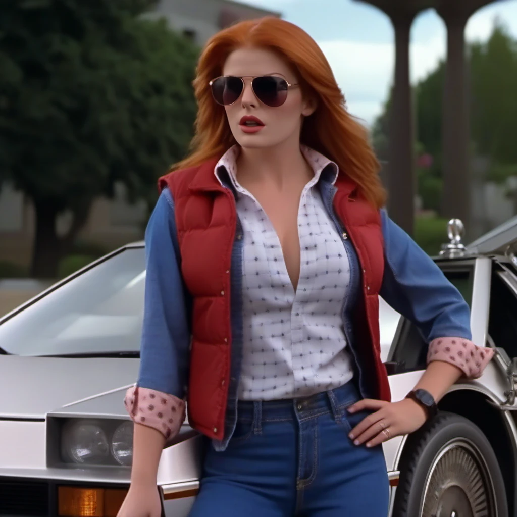 cinematic photo a surprised very busty redhead woman wears a buttondown jean shirt, cleavage, sunglasses, jeans pants, red vest, look at her watch, car, back to the future <lora:McFly1024:0.8> . 35mm photograph, film, bokeh, professional, 4k, highly detailed