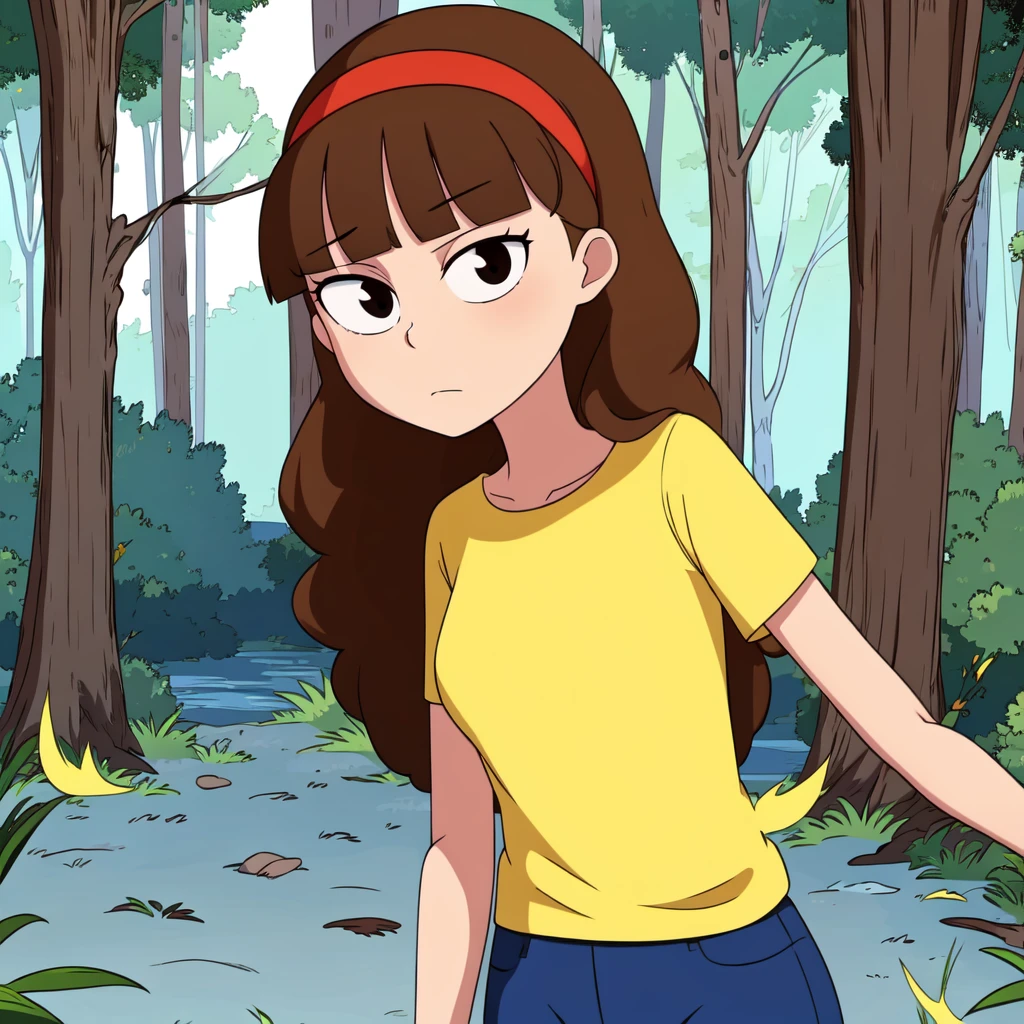 1girl, solo, morticia, brown hair, long hair, black eyes, yellow shirt, headband, blunt bangs, blue pants,  <lora:Morticia_RickMorty_Leaf1:0.8>, cowboy shot, forest, looking at viewer,