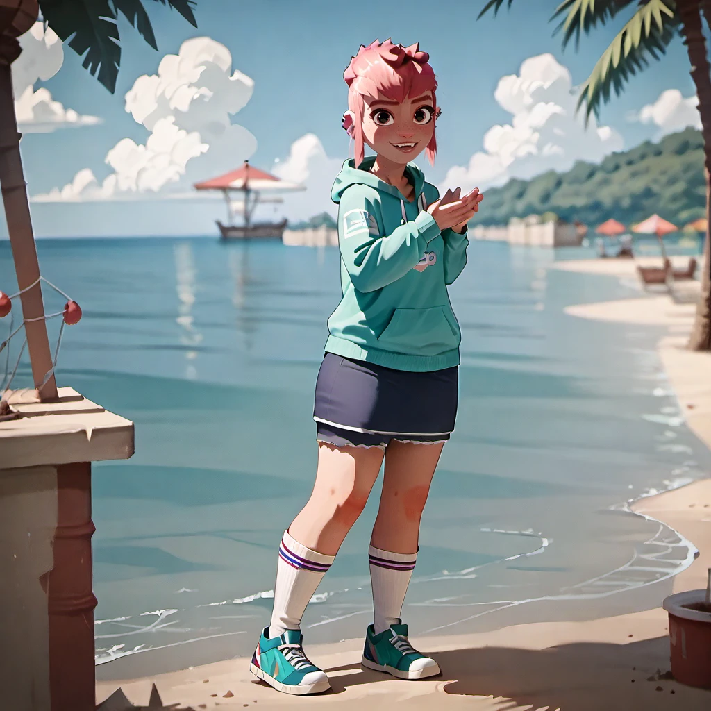 score_9, score_8_up, score_7_up,score_6_up, score_5_up, highly detailed, lighting and shadowing, high res,1girl, hoodie, skirt, sneaker,  looking at the viewer, full body, summer, beach and sea, 
 <lora:nimonaPonyv4L:1>