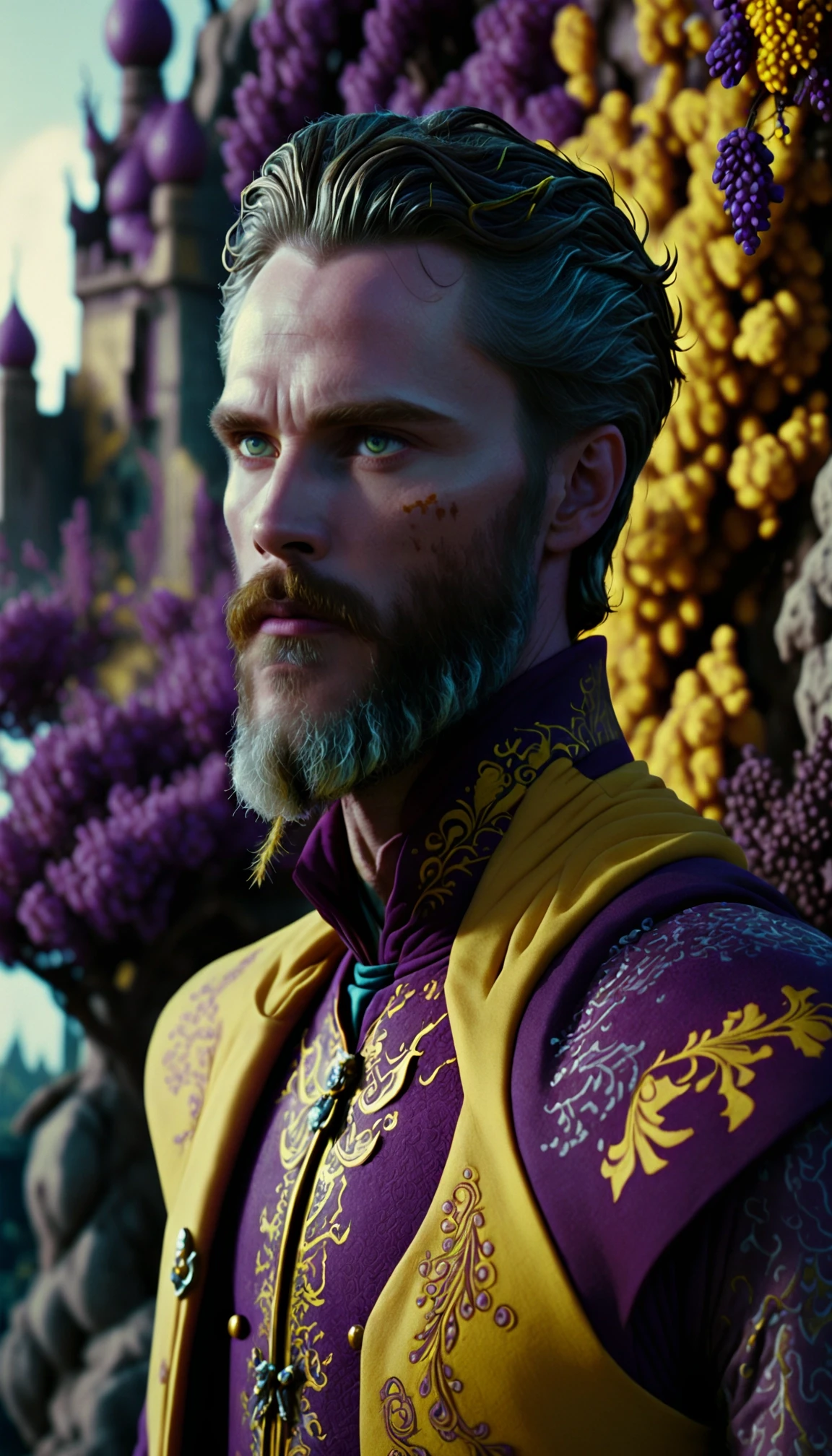 Baroque, Cyberpunk, Futuristic, breathtaking cinematic film still (by Jzef Mehoffer:1.0) , anime key visual, stylized, landscape of a Plum and Mustard (a man, bearded, jonathan, high-definition, detailed, striking, captivating, dramatic, dynamic:1.3) and Parachute, cityscape, Summer, Fantasy, octane engine, burly, feeling . shallow depth of field, vignette, highly detailed, high budget, bokeh, cinemascope, moody, epic, gorgeous, film grain, grainy . award-winning, professional, highly detailed