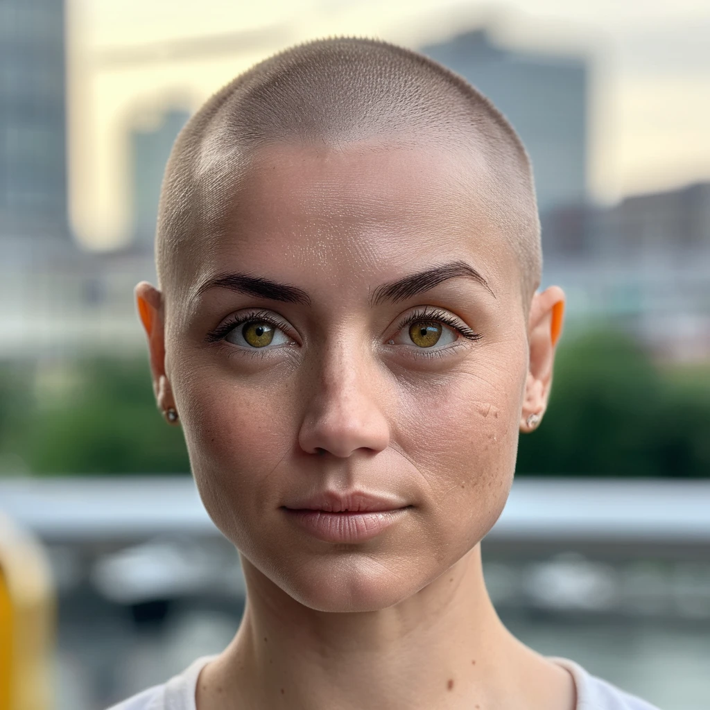 Buzzcut, no hair, bald, (Skin Texture, pores, natural,iPhone,RAW)), natural lighting, Highest Quality closeup Portrait photo of a woman wearing no makeup with a ((buzzcut)), Nikon Z9, realistic matte skin, blurry city in the background, 8K, anxarmas, <lora:anarmas_juggerX_xl_3_standard-anxarmas-000096:1>